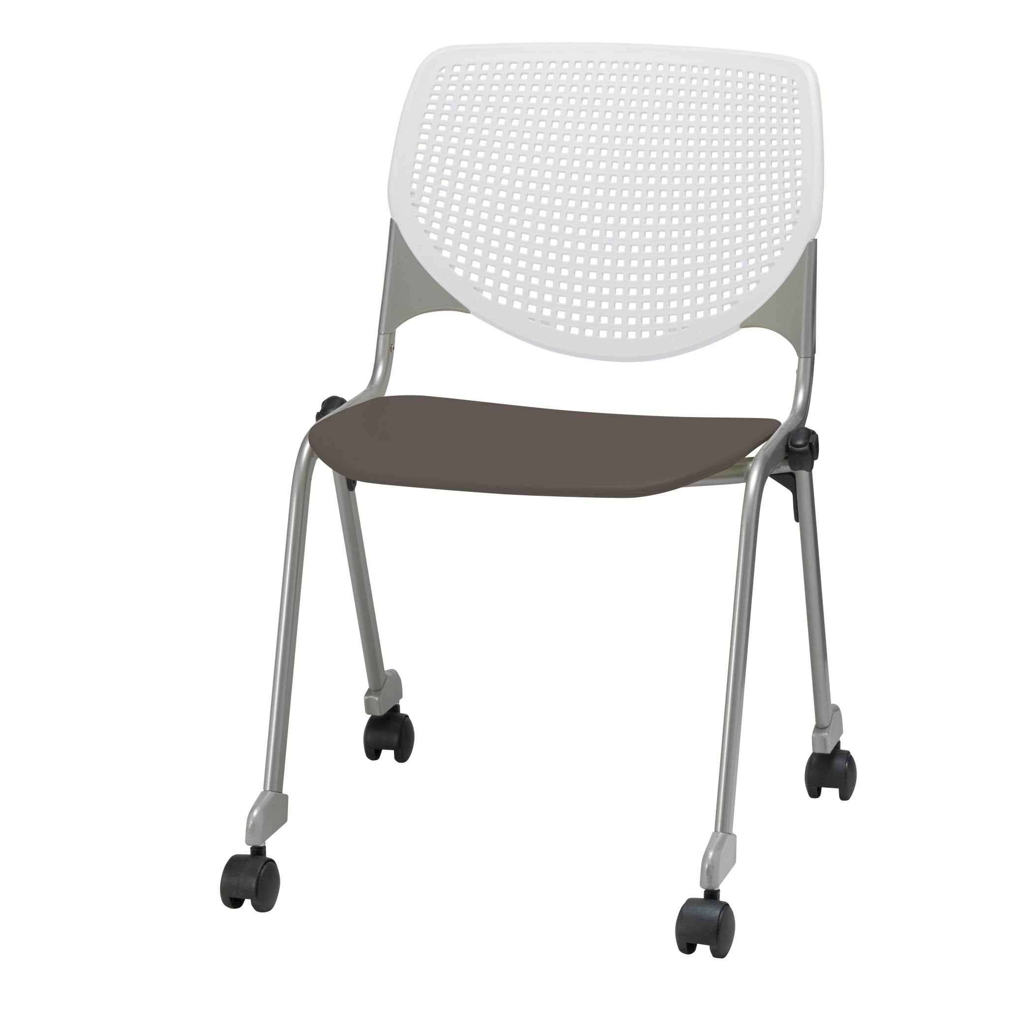 KFI Kool Poly Stack Chair with Casters White Back Brownstone Seat