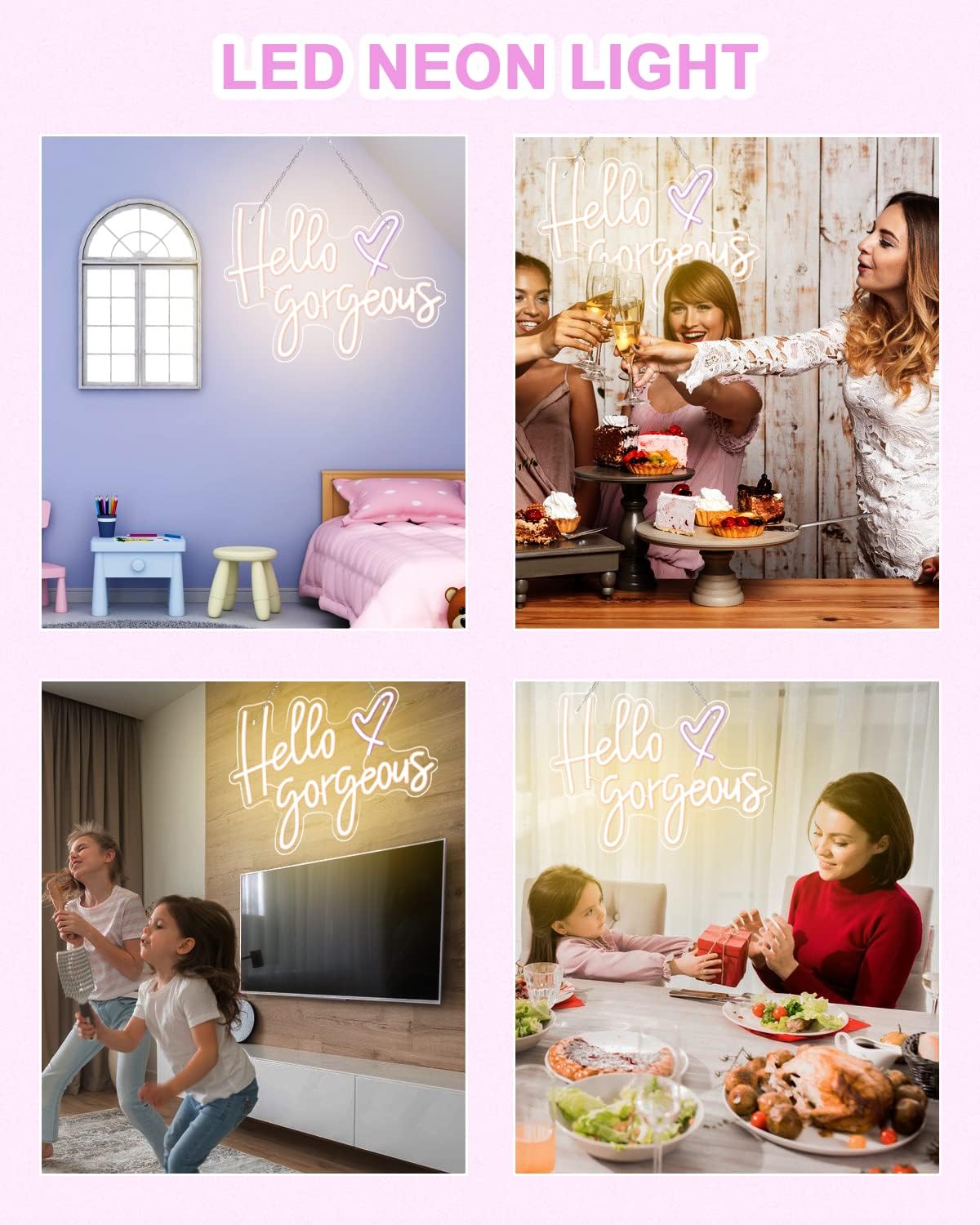 Hello Gorgeous Neon Sign for Wall Decor LED Reusable Neon Light Hello Gorgeous with Dimmer Switch Warm White Neon Light for Wedding,Party, Bedroom,Bar Decoration Size 19.6*14.1 inch Pack of 2