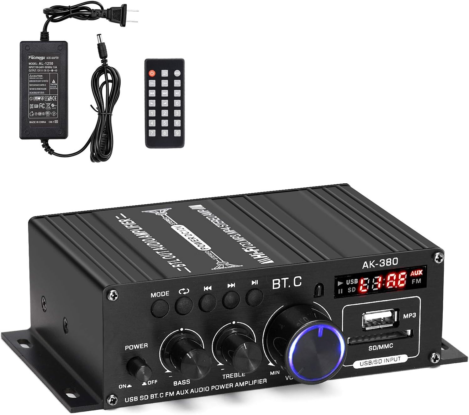 Facmogu AK380 400W+400W Mini Audio Power Amplifier, 2.0 CH Bluetooth 5.0 Receiver Speaker Amp with 12V 5A Power Supply, Bass & Treble Control Music Player Sound Amplifier for Car Home Garage Pack of 2