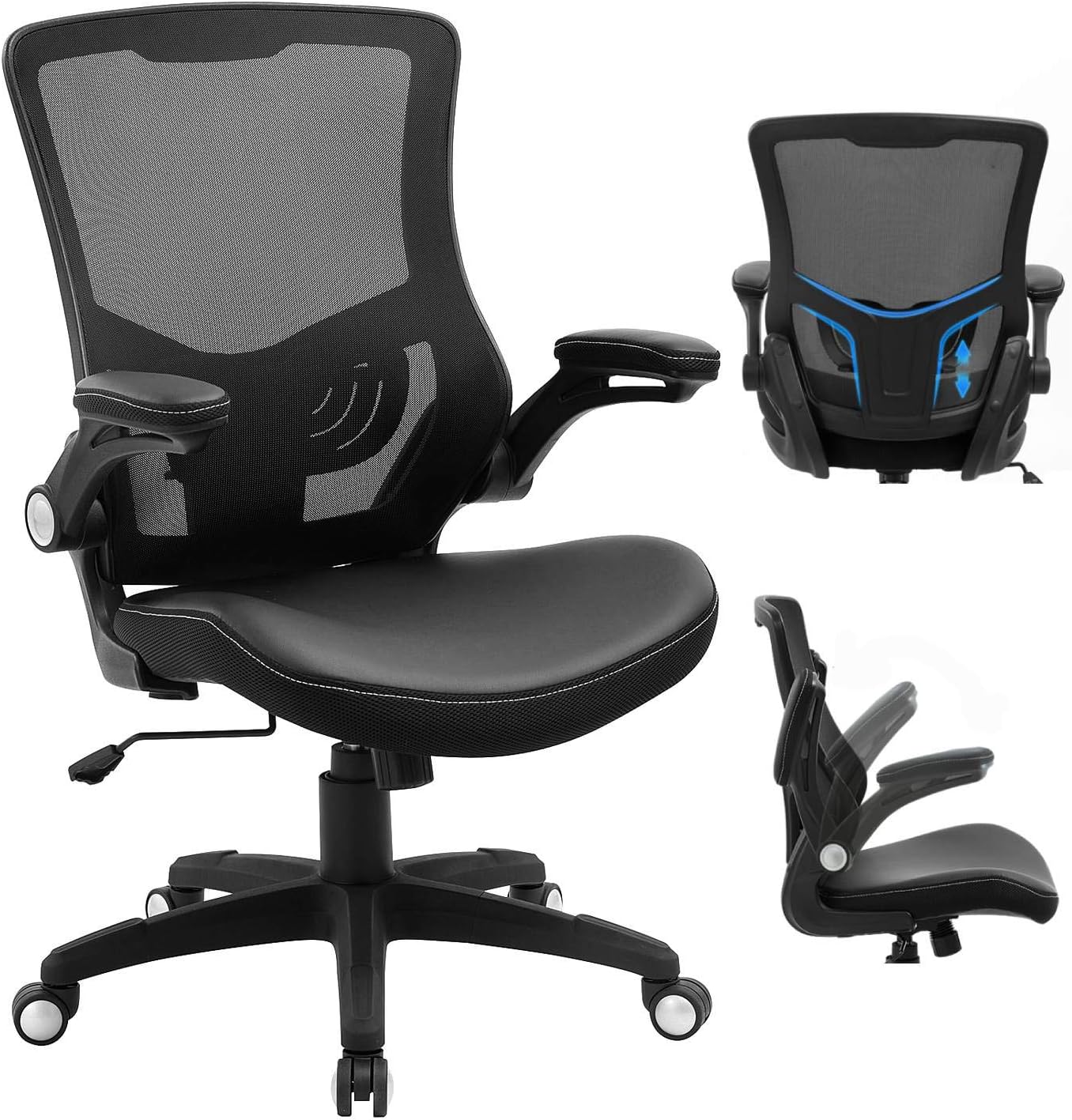 Office Chair Ergonomic Swivel Mesh Mid-Back Computer Desk Chair with Flip-up Arms Office Desk Chair with Adjustable Lumbar Support-Black