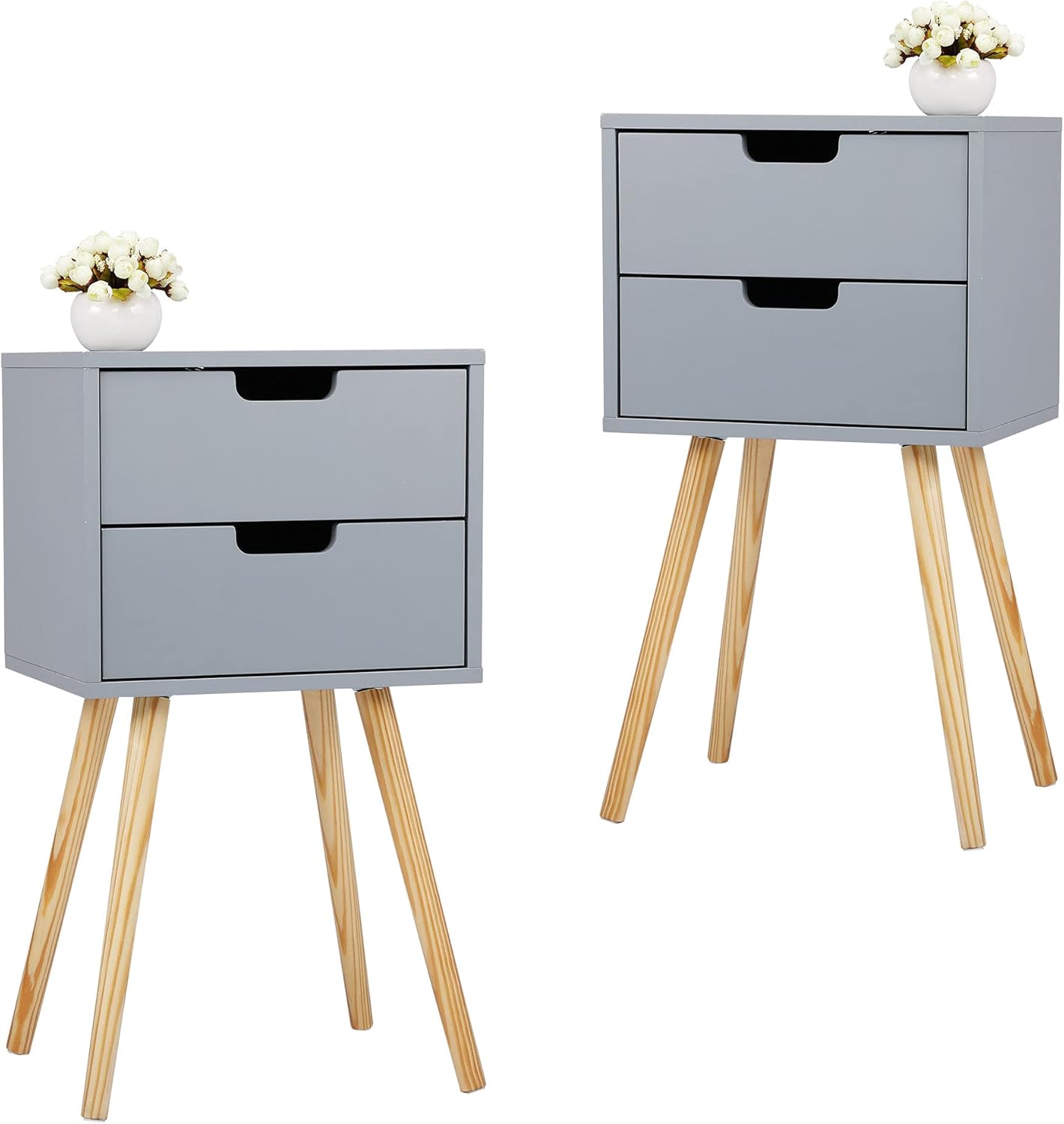 JAXPETY Set of 2 Wooden Nightstand with Solid Wood Legs, Modern End Table Sofa Table with 2 Drawers for Bedroom Living Room Office Home Furniture,Mid-Century Nightstand(2-Pack,Grey)