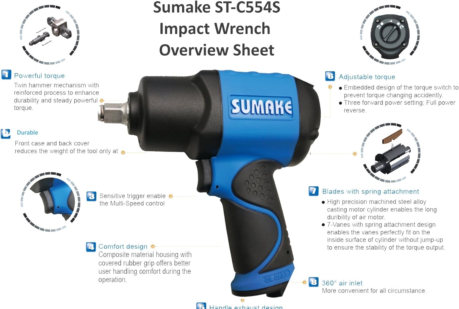 1/2 Inch Air Impact Wrench; Max Torque: 1,000 ft-lbs, 1,491 N-m.(Sumake ST-C554S)