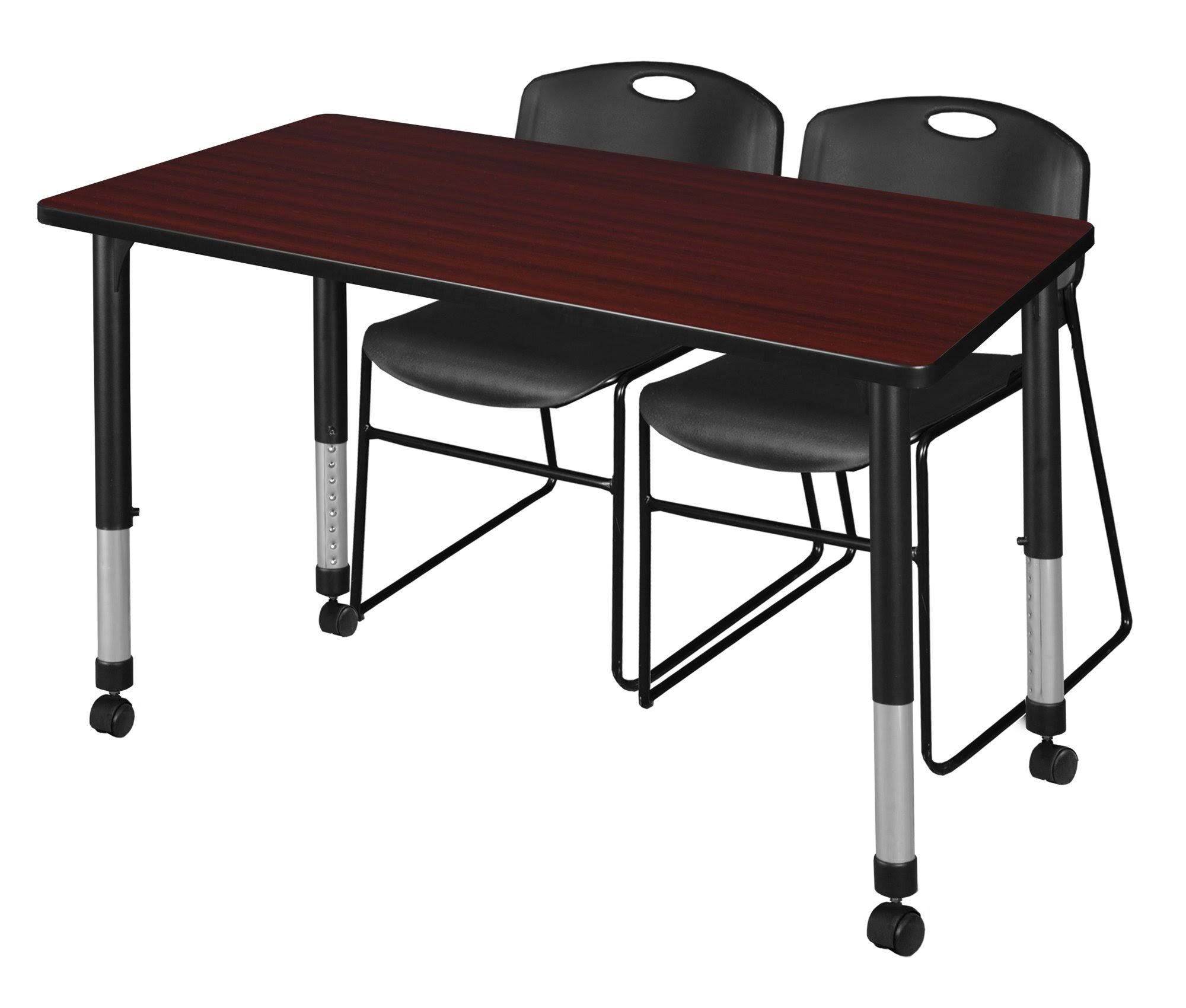 Regency Kee 48x22 x 24x22 Height Adjustable Mobile Classroom Table - Mahogany u0026 2 Zeng Stack Chairs- Black