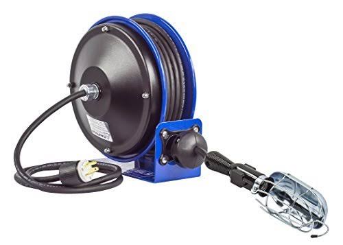 Coxreels PC10-3016-E Compact Efficient Heavy Duty Power Cord Reel with A Incandescent Caged Drop Light with Tool Tap