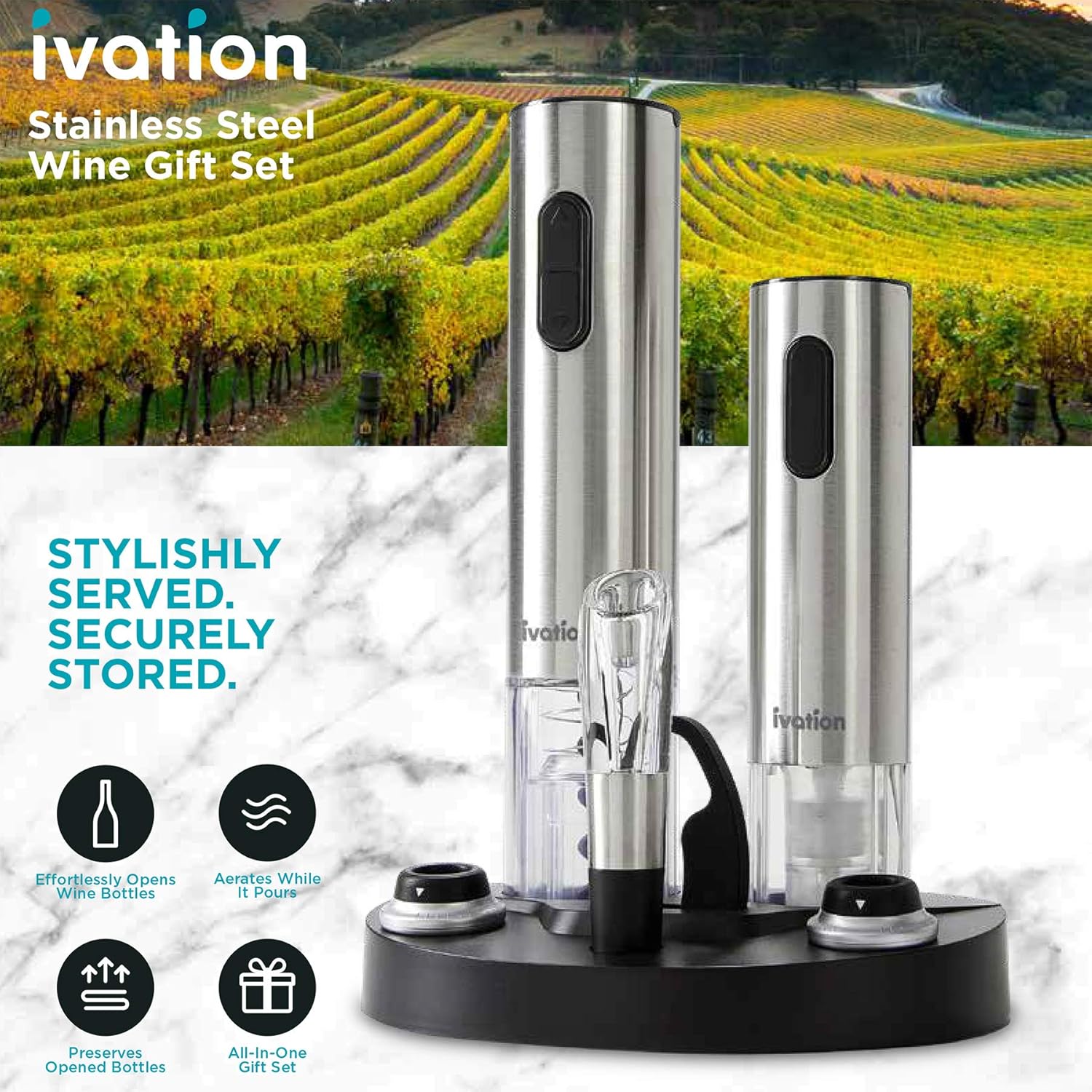 Ivation Wine Gift Set, Includes Stainless Steel Electric Wine Bottle Opener, Wine Aerator, Electric Vacuum Wine Preserver, 2 Bottle Stoppers, Foil Cutter & LED Charging Base Pack of 2