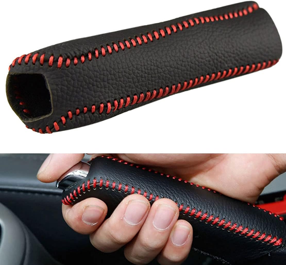 Civic Car Handbrake CoverBlack Genuine Leather Dedicated Side Brake Protective Cover Car Supplies Lever Protective Cover for 2006 2007 2008 2009 2010 2011 Civic Accessories (Red Stitch)