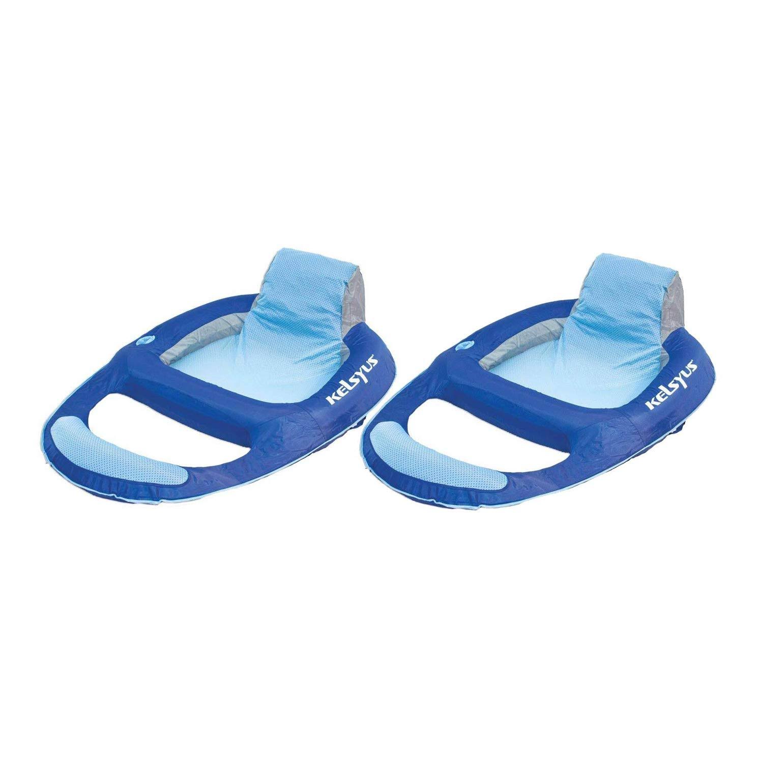 Kelsyus Floating Pool Lounger Inflatable Chair w/ Cup Holder Blue (2 Pack) 80014