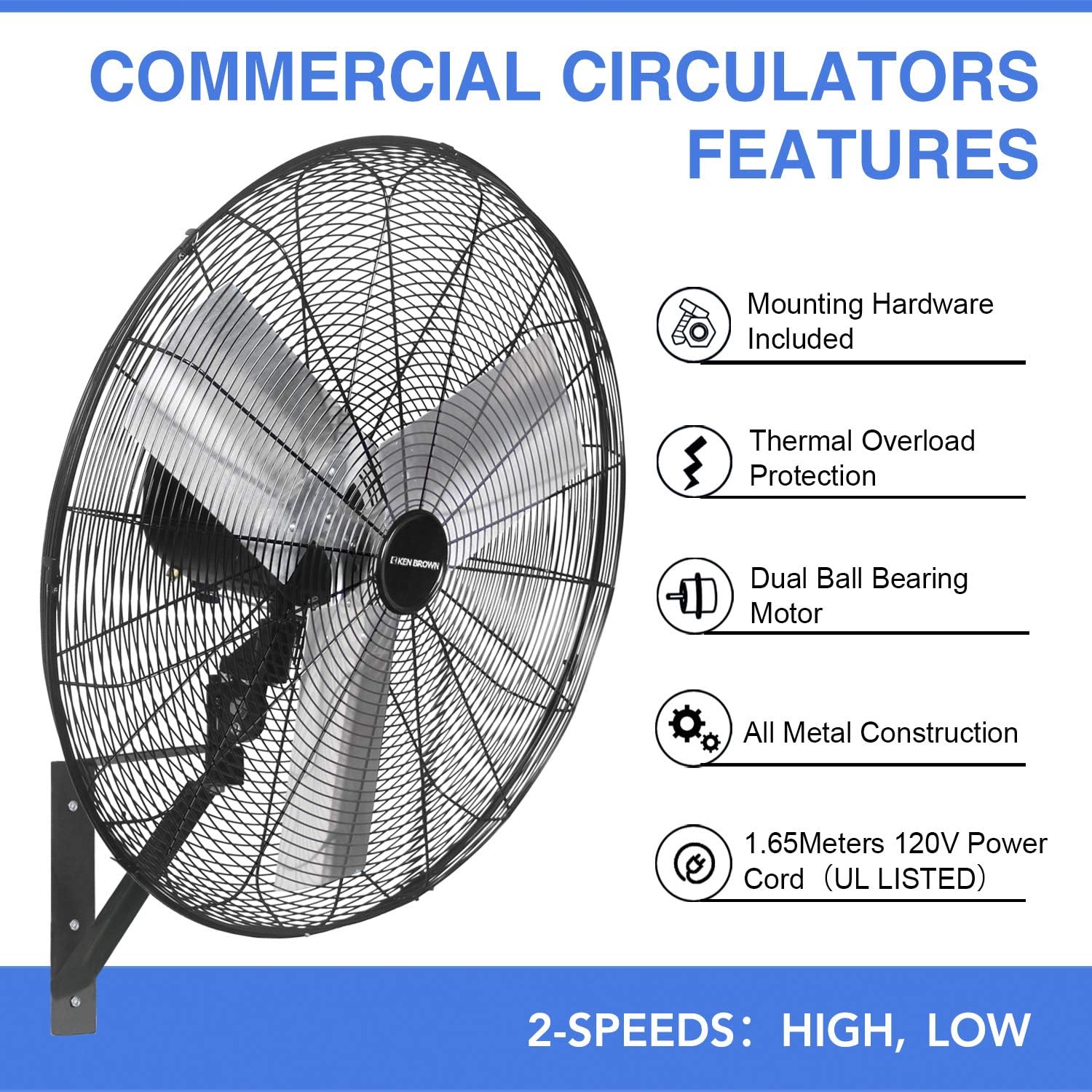 KEN BROWN 30 Inch Industrial Oscillating Wall Mount Fan 9500CFM,Heavy Duty Metal,High Velocity,2 Speed,Black