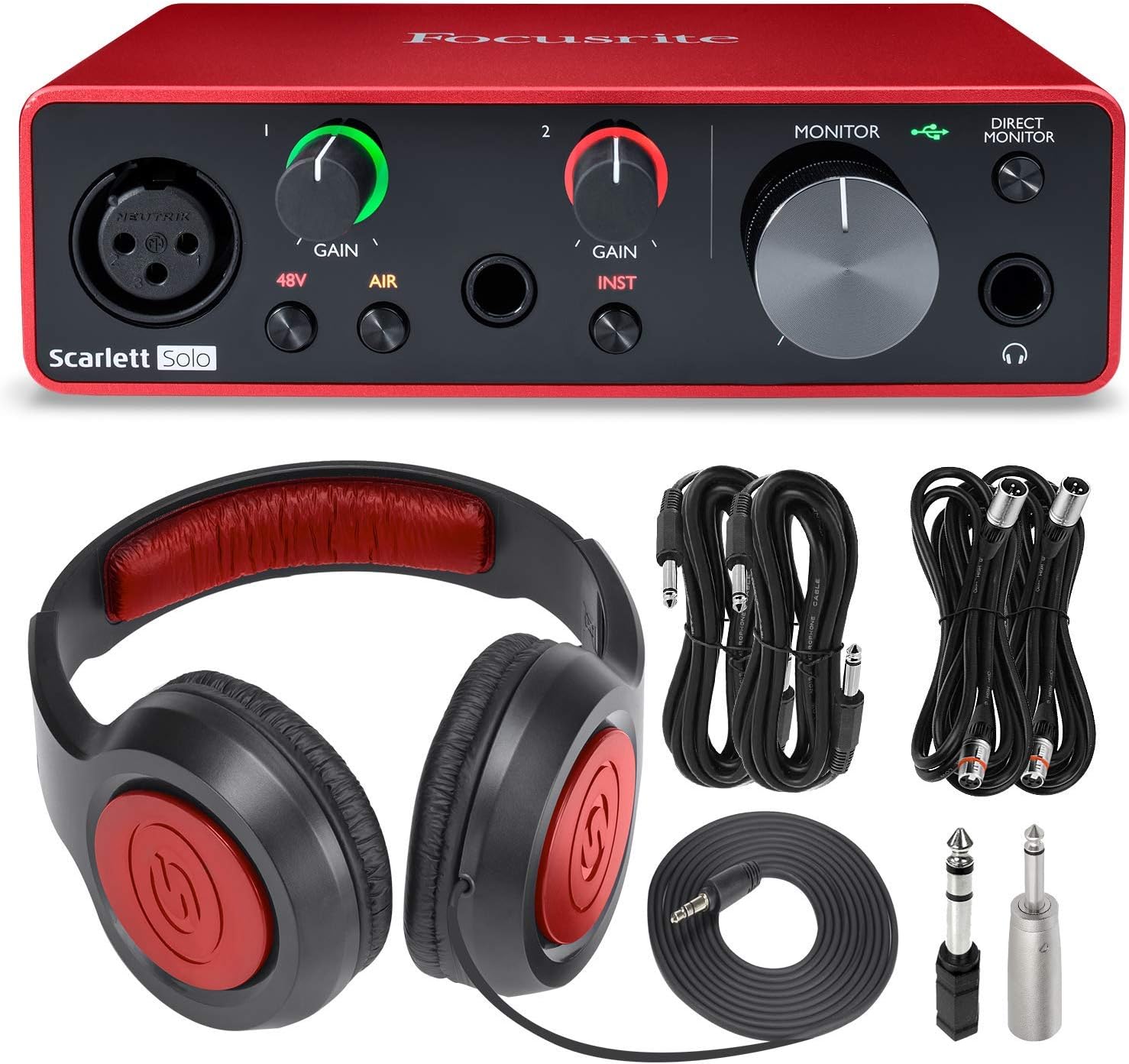 Focusrite Scarlett Solo USB Audio Interface (3nd Generation) + Samson SR360 Over-Ear Dynamic Stereo Headphones, Cables and Accessories