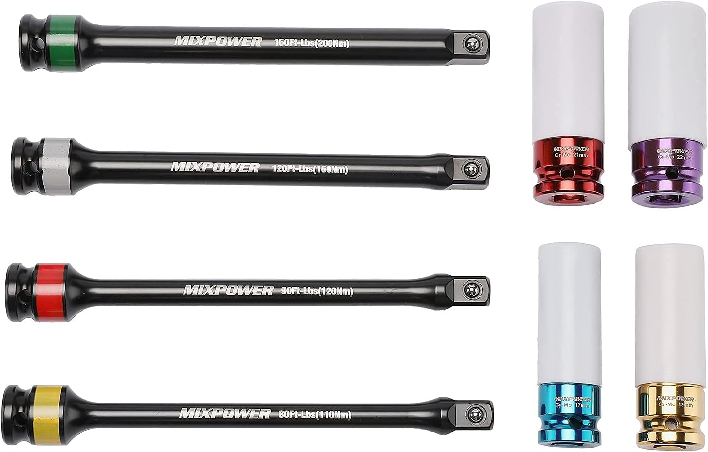 MIXPOWER 1/2-inch Drive Wheel Protector Impact Socket& 8 inch Coded Torque Limiting Socket Extension Bar 8pcs Tire Deep Socket Set, Color-Coded, 80 to 150 Ft-Lbs (110-200 Nm)