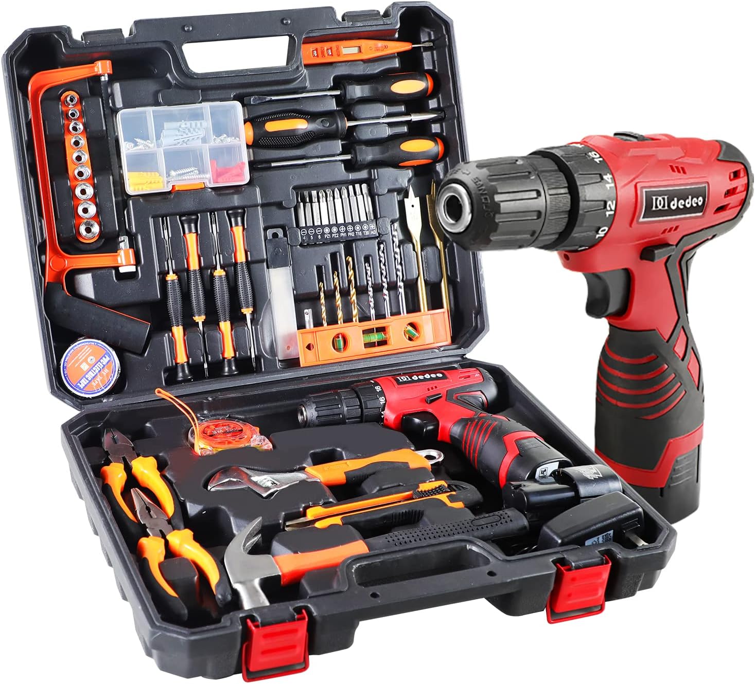 Dedeo Tool Set with Drill, 108Pcs Cordless Drill Household Power Tools Set with 16.8V Lithium Driver Claw Hammer Wrenches Pliers DIY Accessories Tool Kit Pack of 2