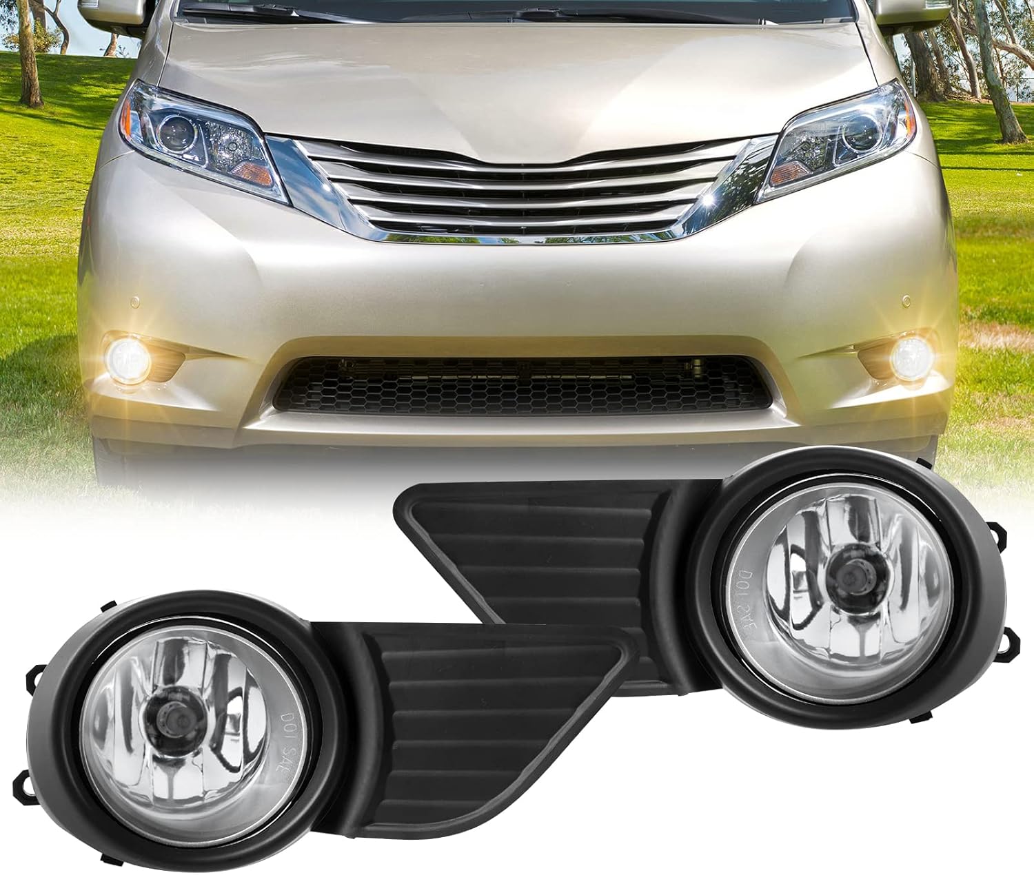 WEZEMLIGHT Driving Fog Light Assembly For 2011 2012 2013 2014 2015 2016 2017 Toyota Sienna With Black Bezel Halogen Bulbs Included Switch And Wiring Kit