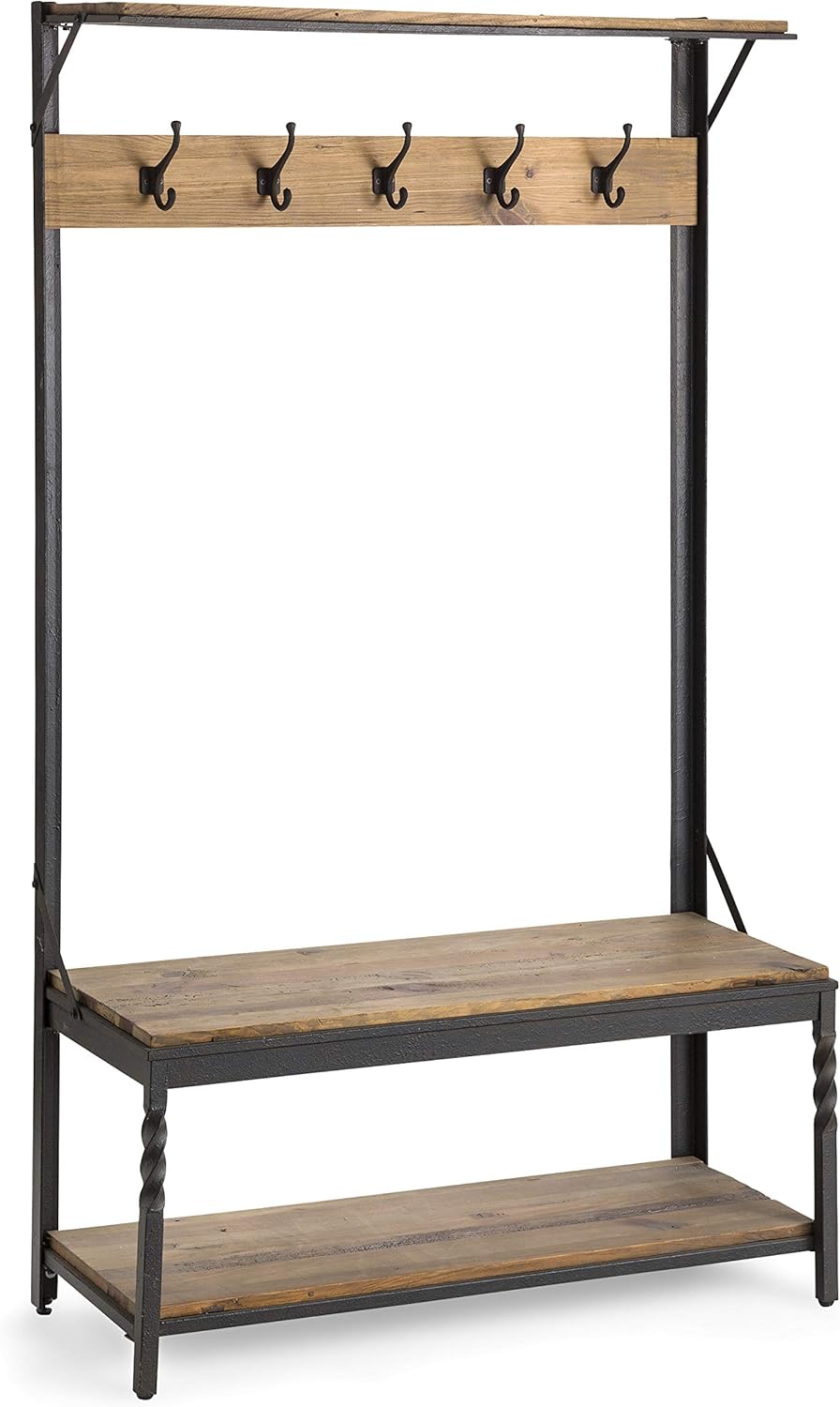 Plow & Hearth Deep Creek Coat Rack Hall Tree with Bench Seat and Five Hanger Hooks with Reclaimed Rustic Wood Surfaces and Metal Frame with Twisted Accents