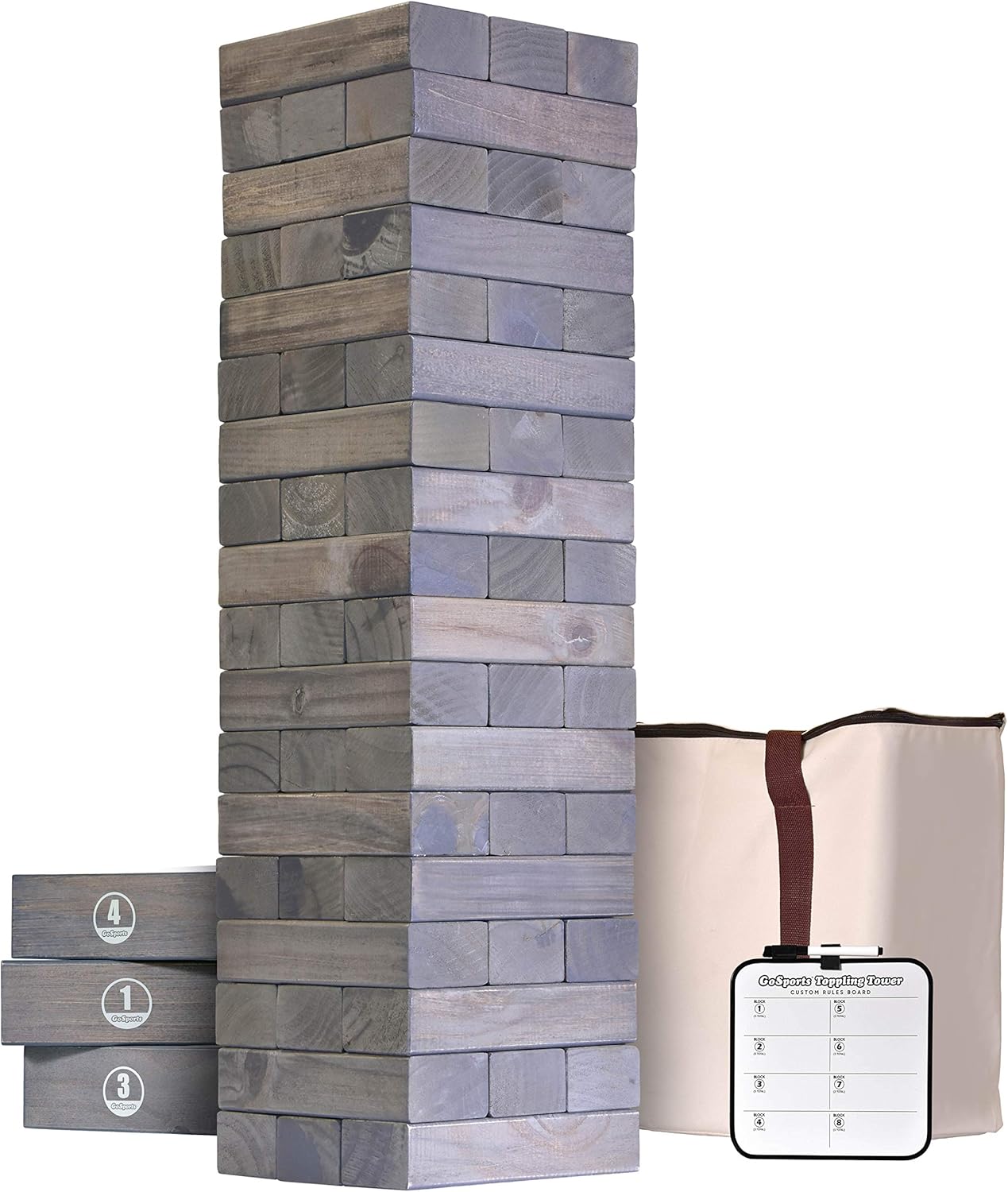 GoSports Giant Wooden Toppling Tower (Stacks to 5+ Feet) - Choose Between Natural, Brown Stain, Gray Stain or Stars and Stripes - Includes Bonus Rules with Gameboard, Made from Premium Pine