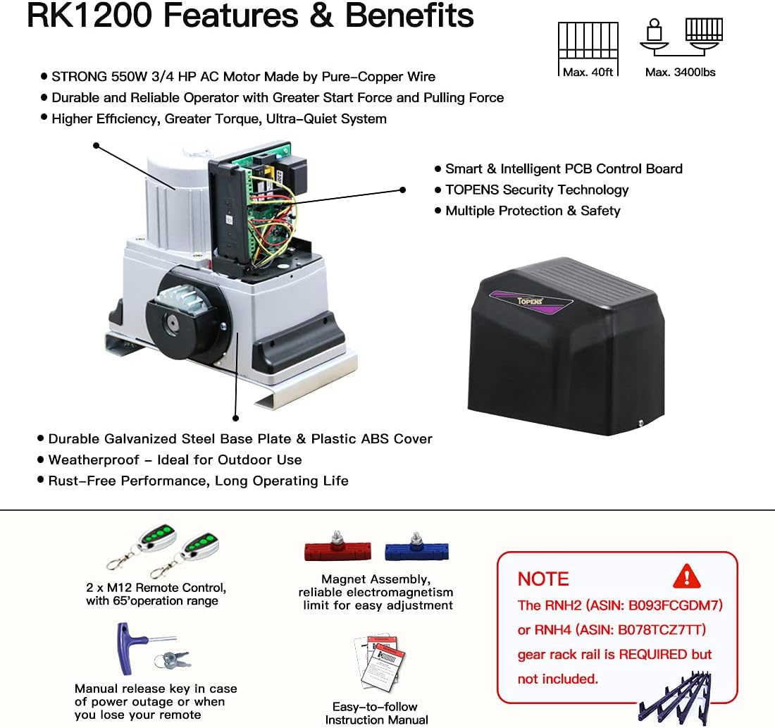 TOPENS RK1200 Automatic Sliding Gate Opener Kit Heavy Duty Rack Driven Sliding Gate Motor for Slide Gates Up to 3400 Pounds and 40 feet, Driveway Security Slide Gate Operator