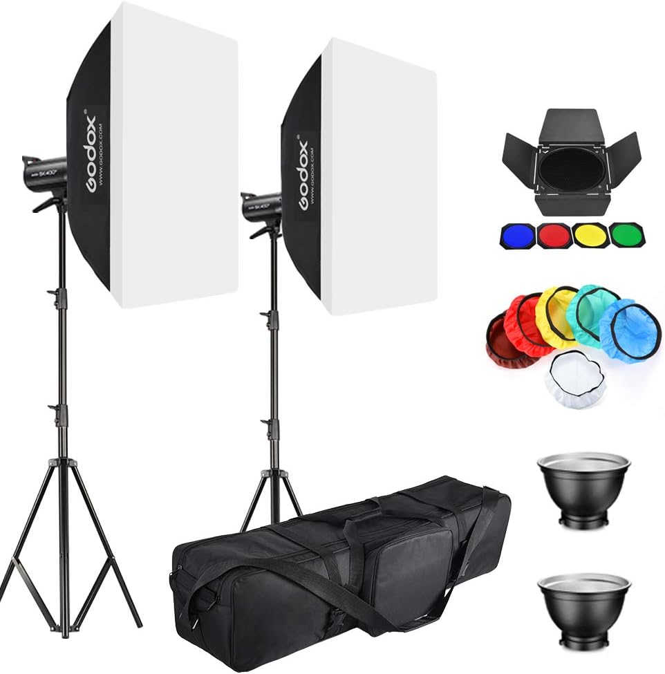Godox 2 Pack SK400II 800Ws Studio Strobe Flash Monolight Light Bowens Mount Kit for Studio Shooting,Video Location and Portrait Photography with Barn Door kit,Softbox,Light Stand,Soft Cloth,Bag