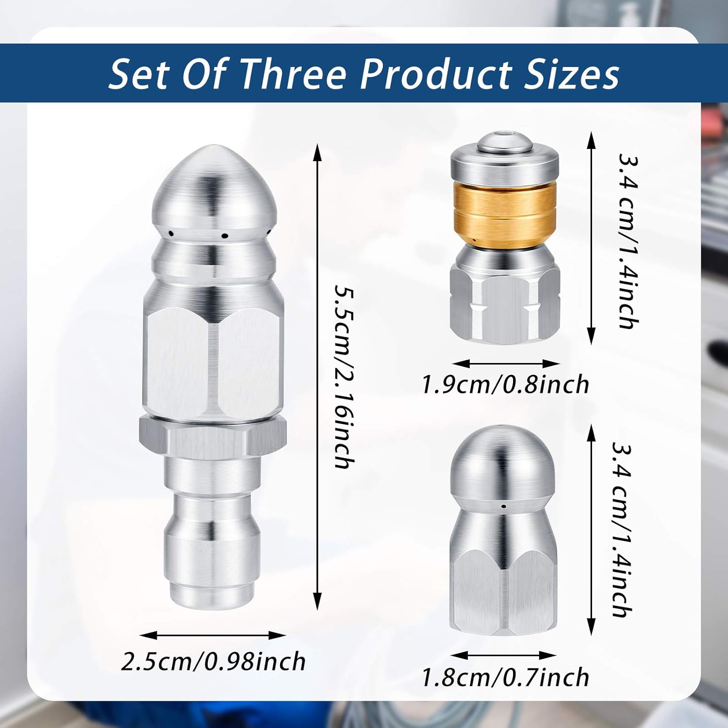 3 Pieces Sewer Jetter Nozzle Kit Rotating Button Nose Jet Nozzle Stainless Steel Fixed Jetting Nozzle with Different Model for 1/4 Inch Pressure Washer Accessories Quick Connector up to 5000 PSI