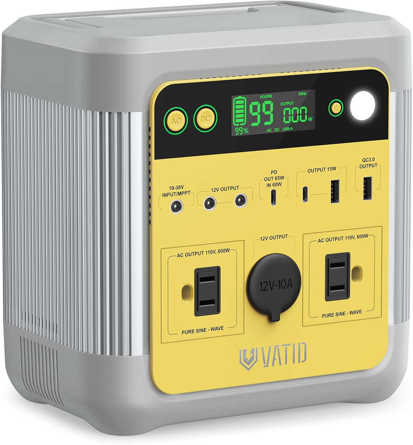 VATID Portable Power Station,1000W Peak(Rated 600W) 518Wh Solar Generator,110V AC,12V Regulated DC,3.5hrs 100% Recharge,Pure Sine Wave,USB PD Input/Output Rechargeable Power Generator