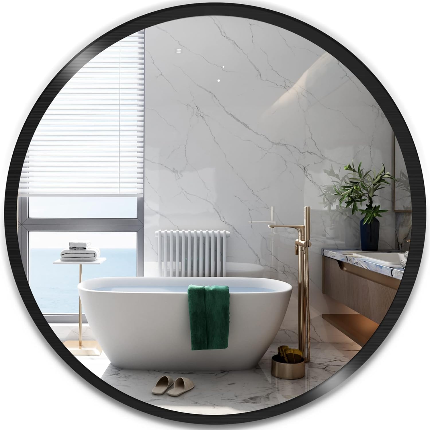 Round Mirror, 24 inch Wall Mounted Circle Mirror for Daily Use and Home Decor, Brushed Metal Frame Large Mirror for Bathroom,Living Room,Bedroom,Entryway (Black, 24'')