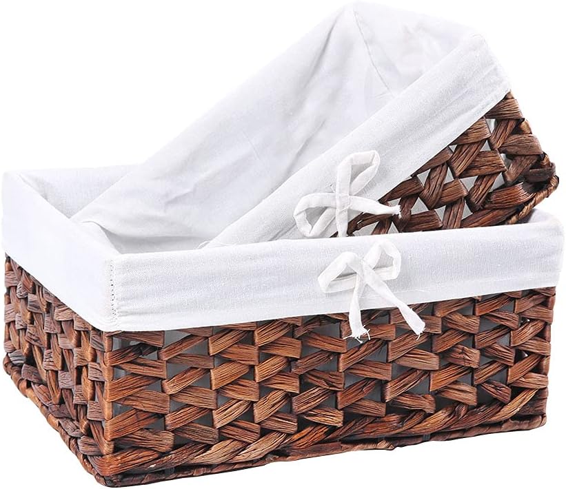 HDKJ Water Hyacinth Storage Baskets Rectangular Decorative Woven Storage Bins Container with Liner for Parlor Bedroom Bathroom Laundryroom Shelves Organizing Book Toy Small Items. (QZXW-Set of 2) Pack of 2