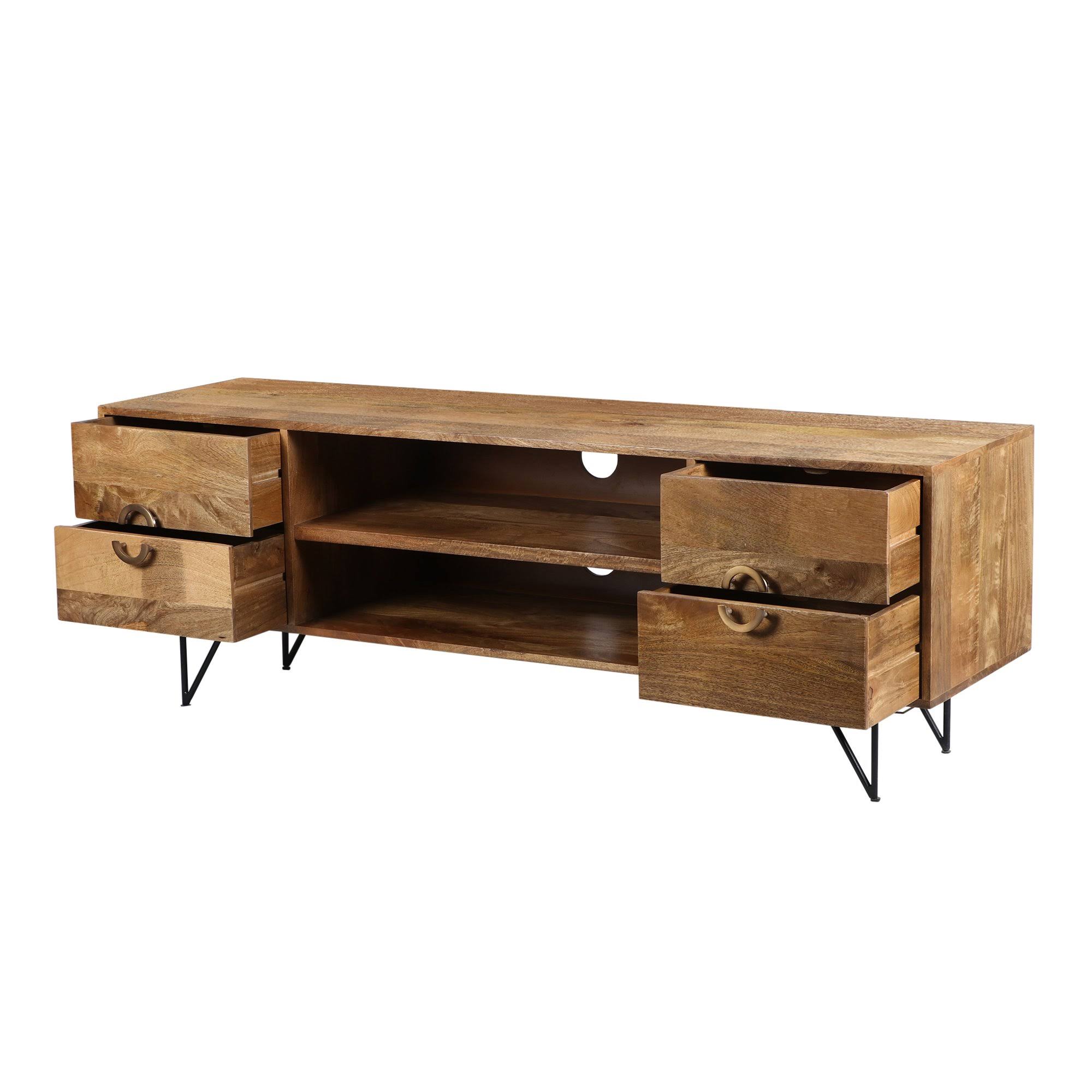 The Urban Port 63 inch Mango Wood TV Cabinet with Spacious Storage, Natural Brown and Black