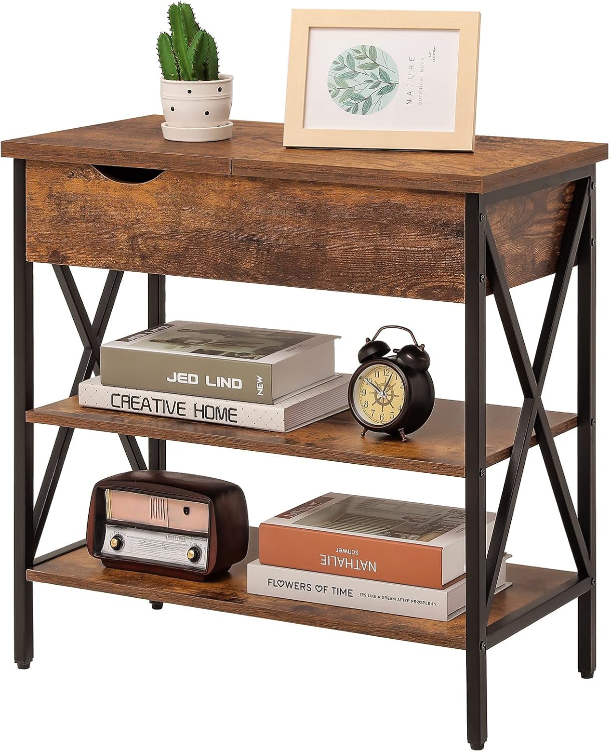 WEENFON End Table, Nightstand Sofa Table with Hidden Storage, 3-Tier Flip Top Open Side Table for Small Spaces, End Table for Living Room, Bedroom, Rustic Brown