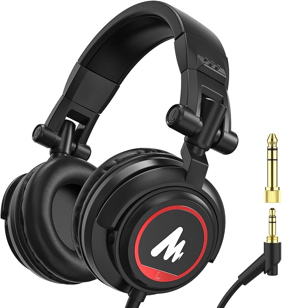50MM Drivers Studio Headphones MAONO AU-MH601 Over Ear Stereo Monitor Closed Back Headphones for Music, DJ, Podcast (Black) Pack of 2