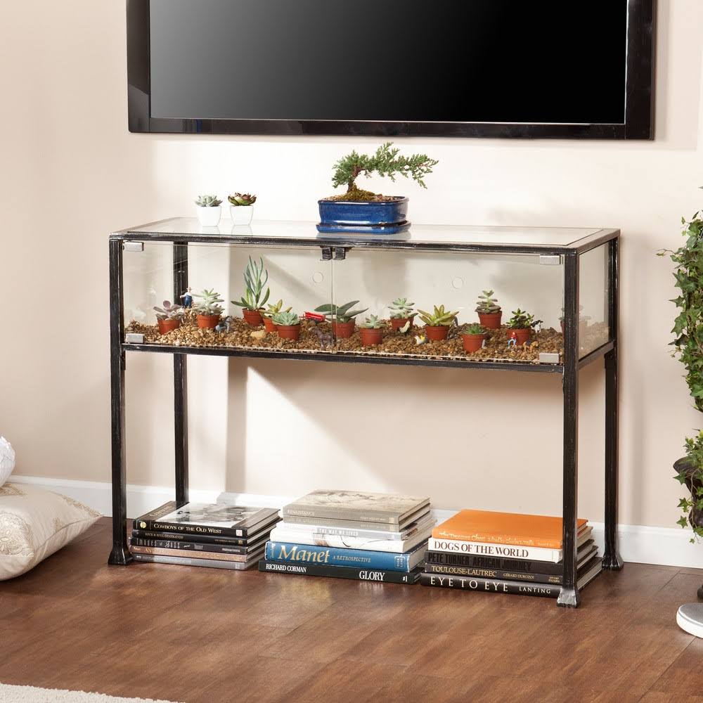 SEI Furniture Terrarium Display Console Table Black Silver Distressing