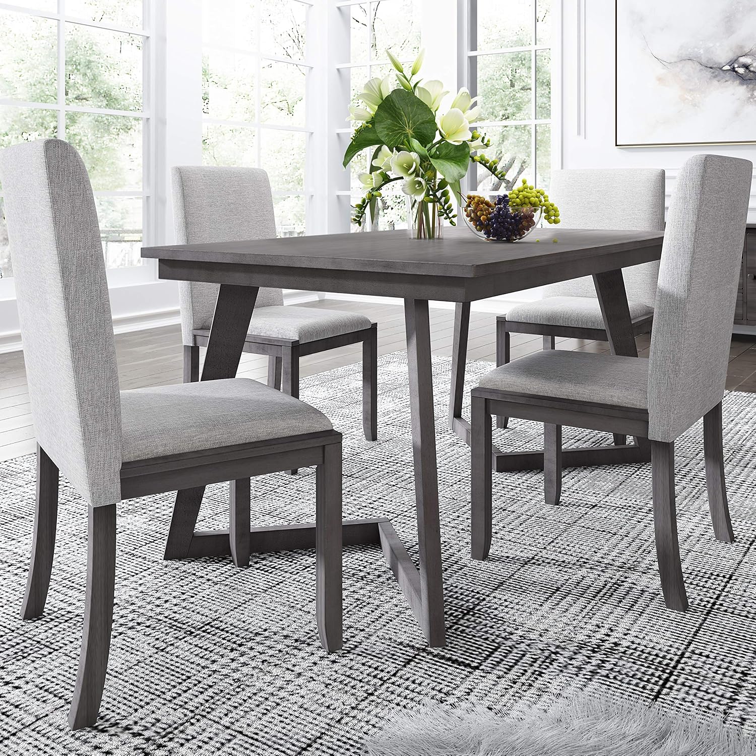 5-Piece Kitchen Dining Table Set, Wood Rectangular Table with 4 Linen Fabric Chairs for Dining Room/Kitchen/Compact Space