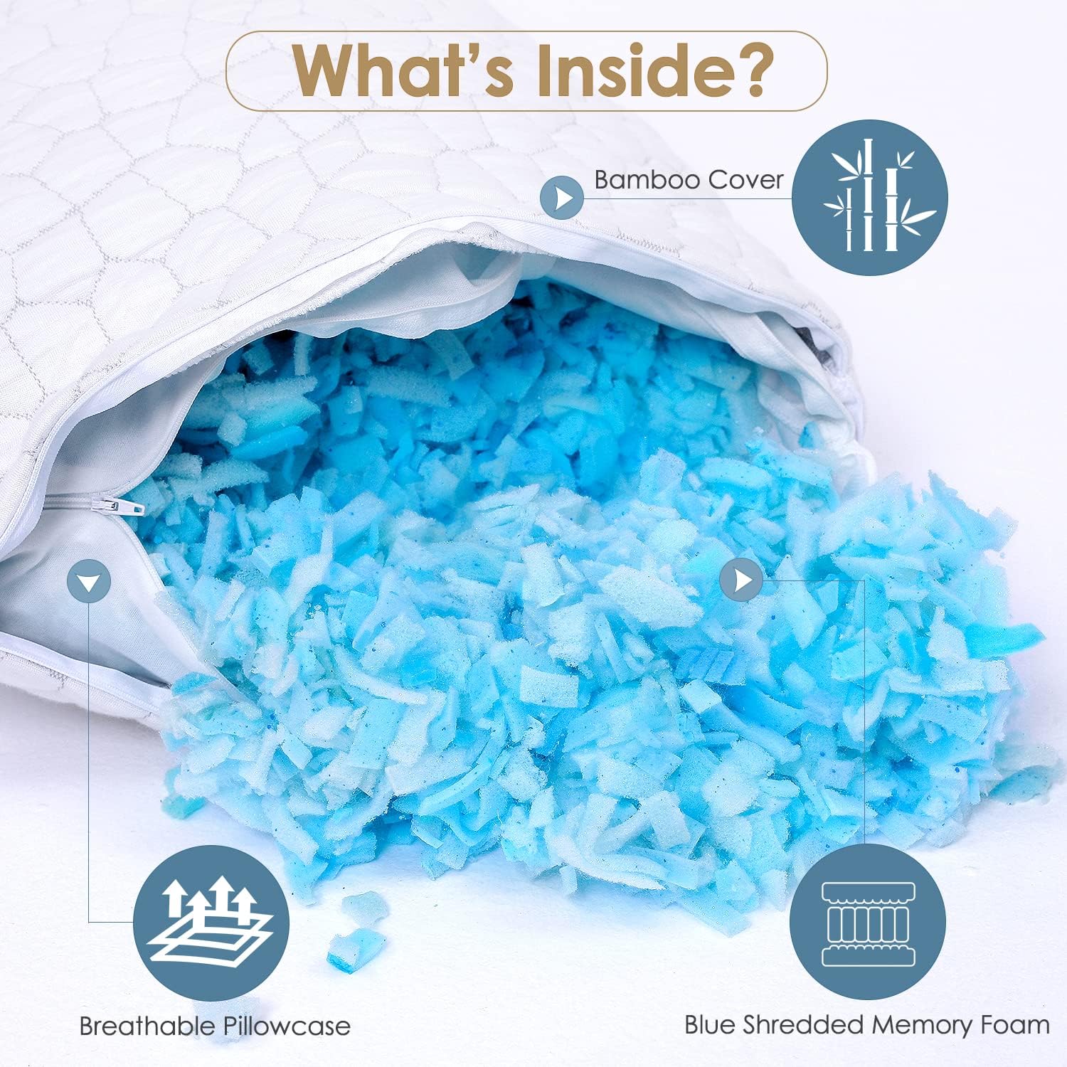 Cooling Bed Pillows for Sleeping Set of 2, Adjustable Shredded Memory Foam Pillows Bamboo Pillows for Side Back Sleepers, CertiPUR-US Certified, Queen