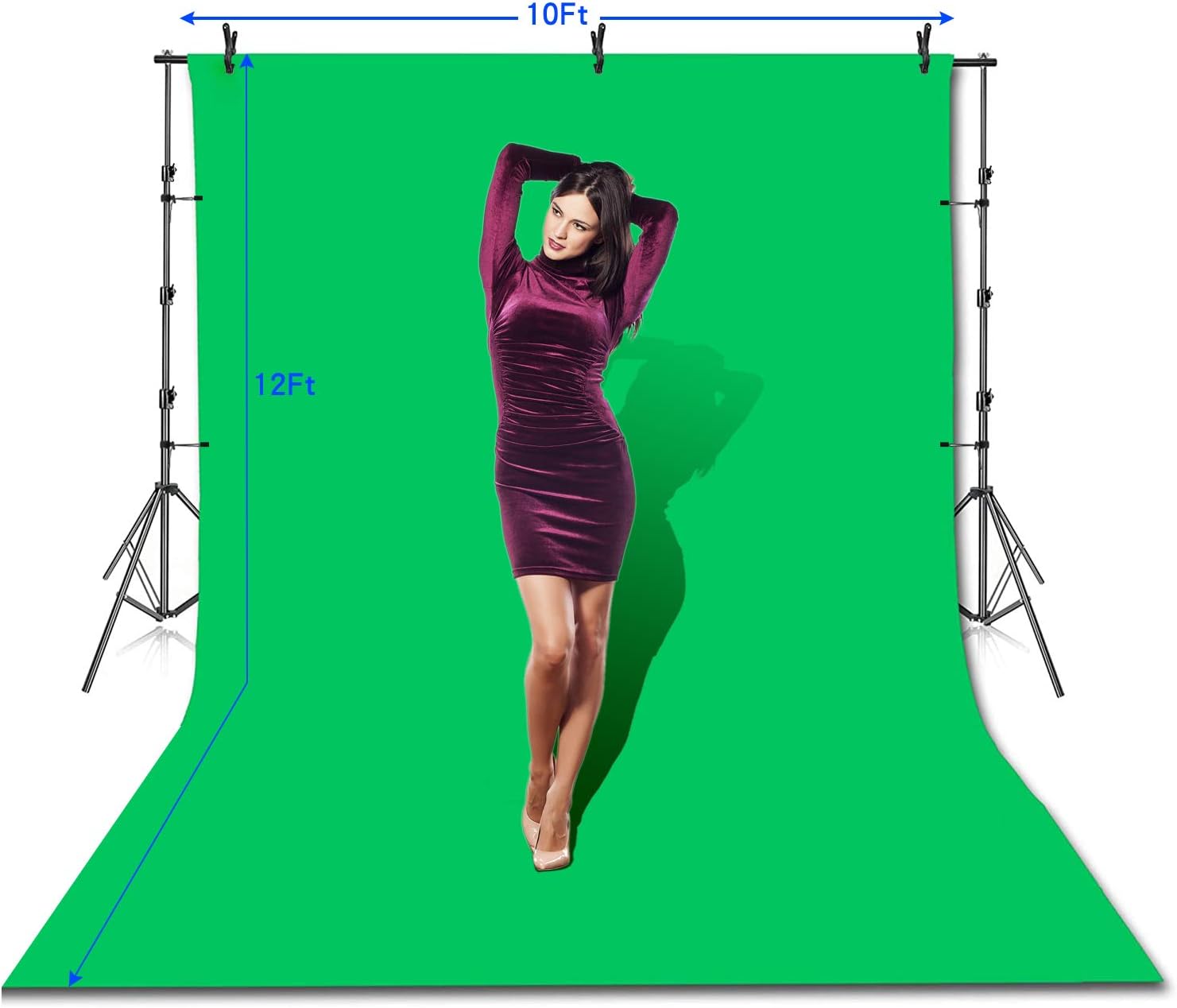 SLOW DOLPHIN Photo Video Studio 10 x12ft 100% Cotton Muslin Chromakey Green Screen Backdrop with 10 x 10ft Stand Photography Background Support System Kit Clamp, Carry Bag