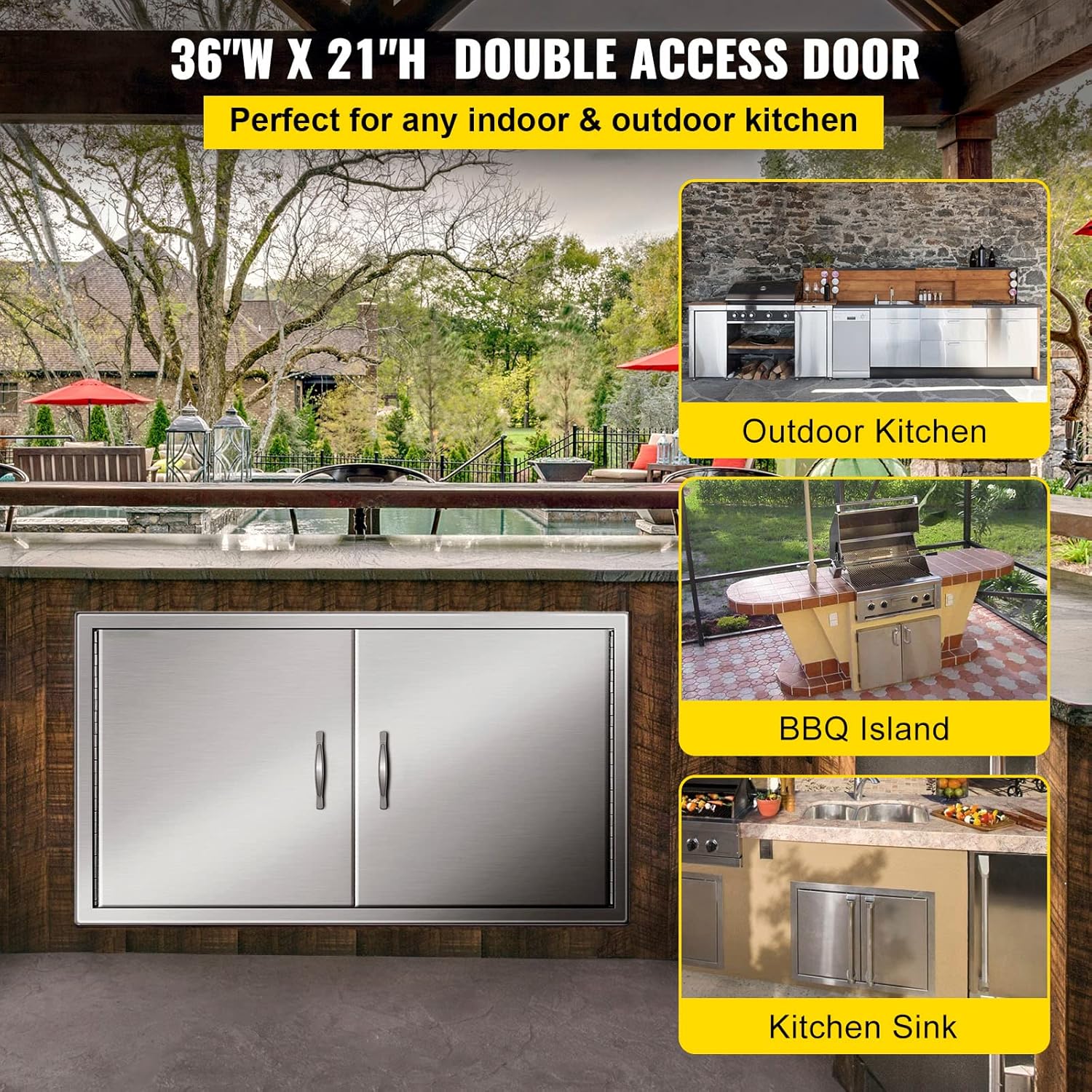 Mophorn BBQ Access Door 36W x 21H Inch, Double BBQ Door Stainless Steel, Outdoor Kitchen Doors for BBQ Island, Grill Station, Outside Cabinet