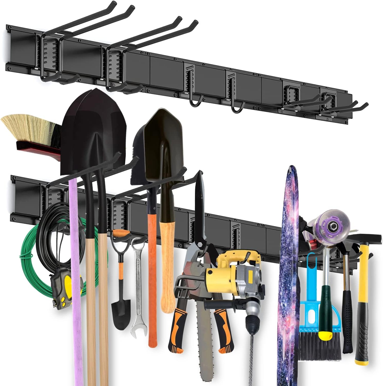 Garage Organization, Heavy Duty Tool Storage Rack, Steel Garage Storage System 32 Inch, Yard Tool Hanger Garden Organization for Garden Tools, Bikes, Folding Chair, Ski, Max Load 450bls