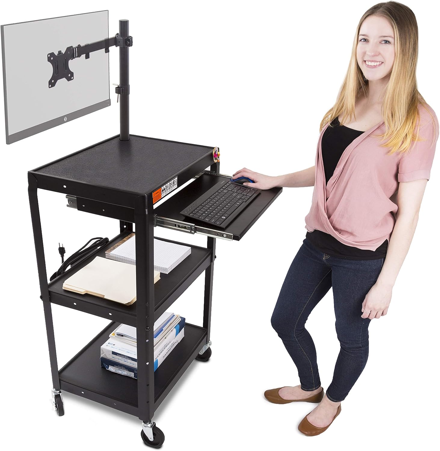 Line Leader AV Cart with Keyboard Tray and Laptop Stand - Mobile Workstation with Laptop Mount - Take Your Office On-The-Go with Our Stand Up Computer Cart (Black / 24 x 18)