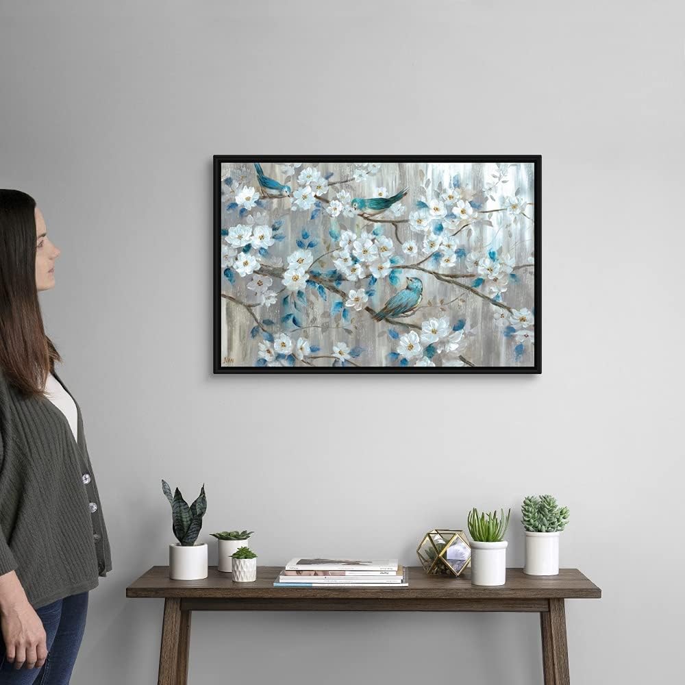 Teal Birds Black Float Frame Canvas Art, Bird Artwork