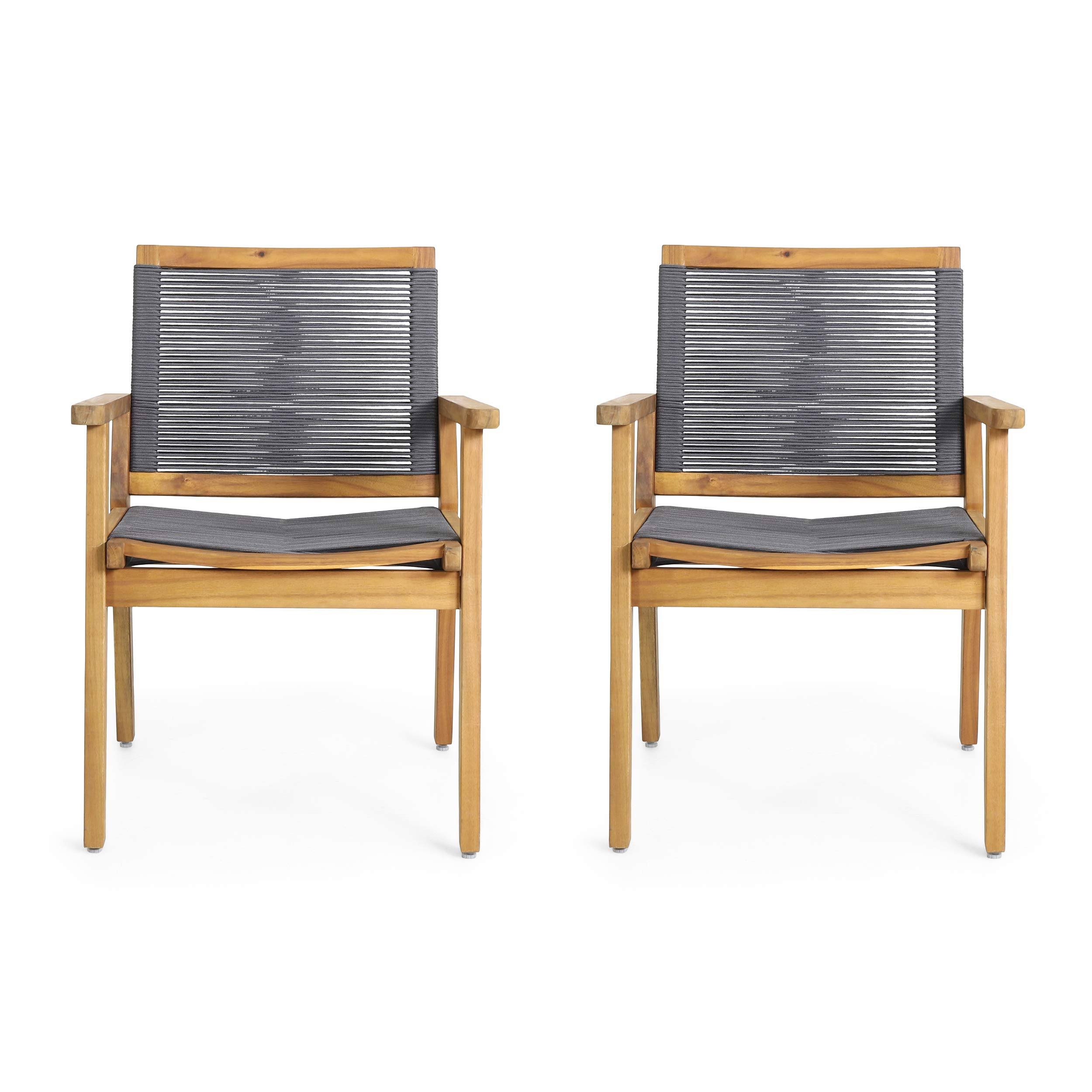 Christopher Knight Home Tracy Outdoor Acacia Wood Dining Chair with Rope Seating (Set of 2), Teak and Dark Gray