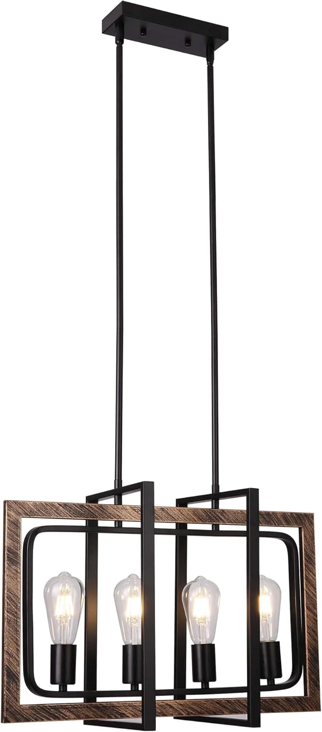 4-Light Modern Farmhouse Kitchen Island Light,Linear Style Adjustable Height,Gray Oak Wood Style + Black Finish Kitchen Light Fxitures, Farmhouse Light Fixtures for Dining Room、Kitchen Island、Bar