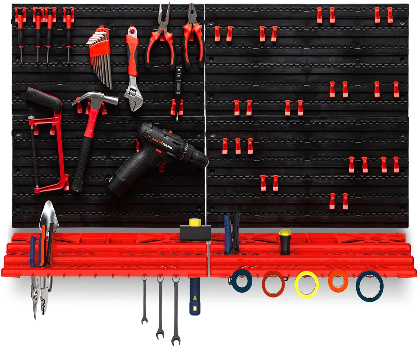 54 Piece Wall Mounted Plastic Pegboard and Shelf Tool Organizer - DIY Garage Storage Wall Mount System with Rack and Assorted Hook Accessories Pack of 2