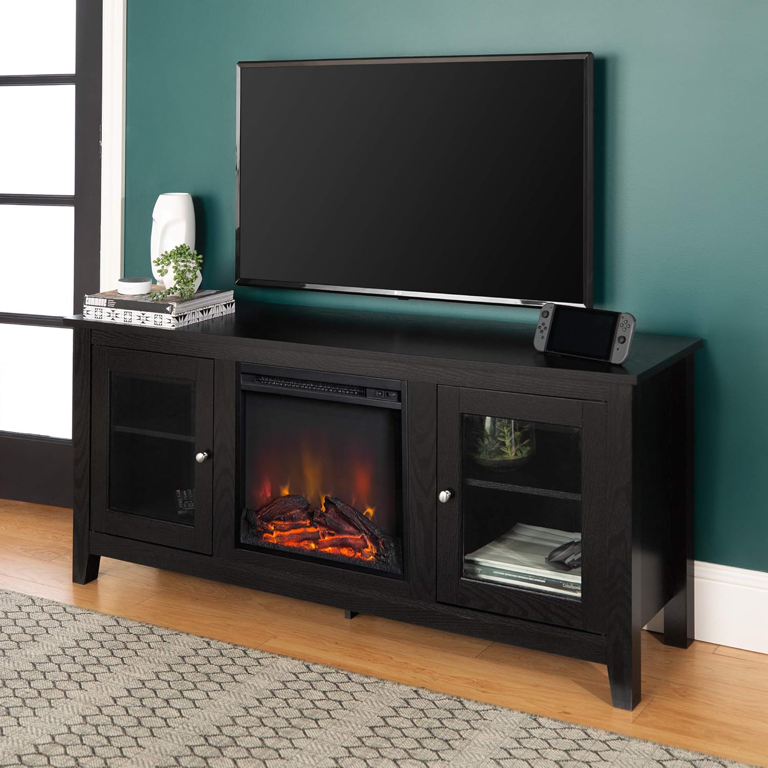 Walker Edison Glenwood Rustic Farmhouse Glass Door Highboy Fireplace TV Stand for TVs up to 65 Inches, 58 Inch, Black