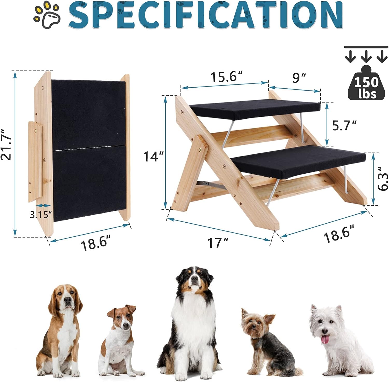 2 in 1 Foldable Dog Stairs, Wooden Pet Steps Ramps for Cats and Small Dogs, Portable Non Slip Pet Ladders for Car, Couch and High Bed Pack of 2