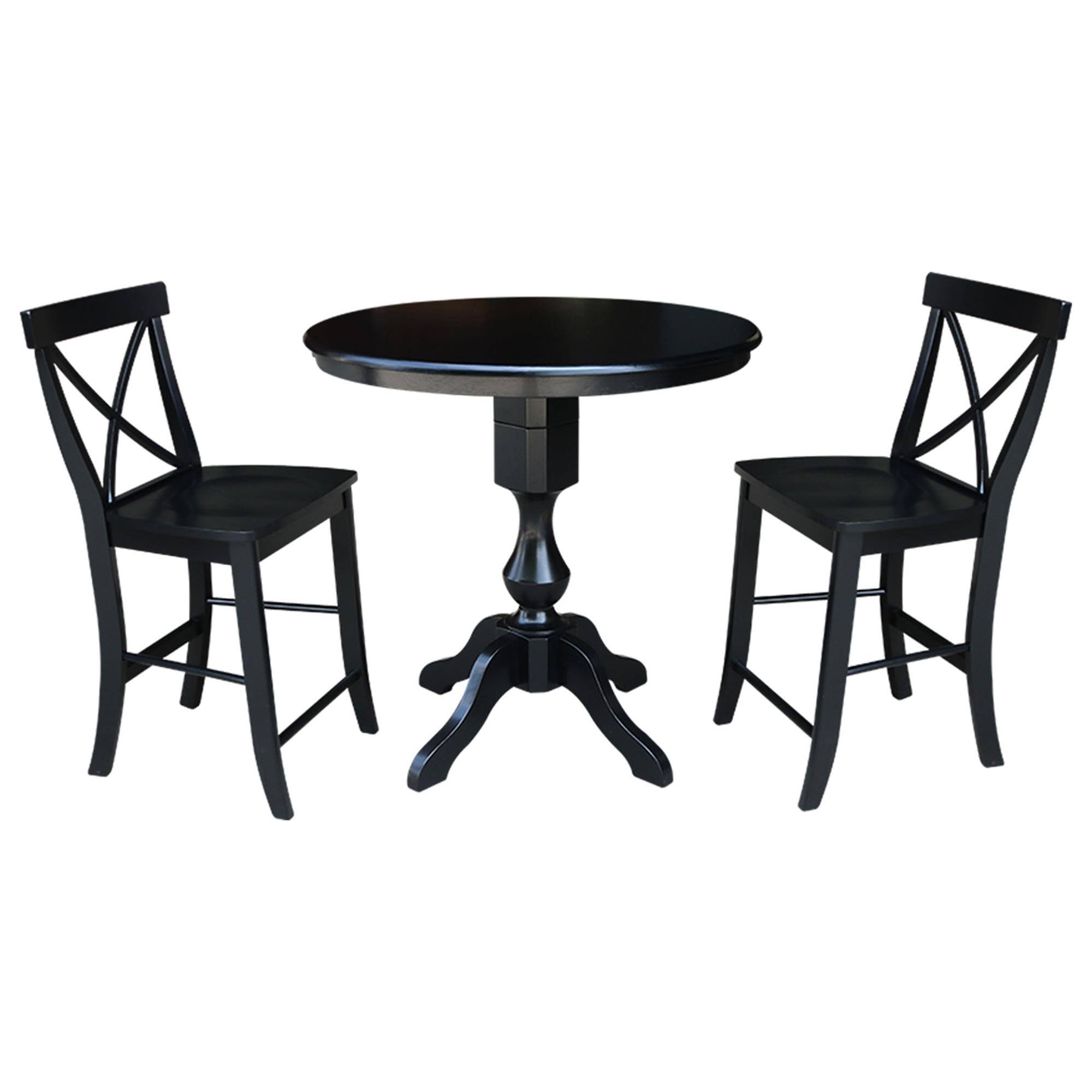 36x22 Round Top Counter Height Table with 2 X-Back Stools - 3 Piece Set (Black)