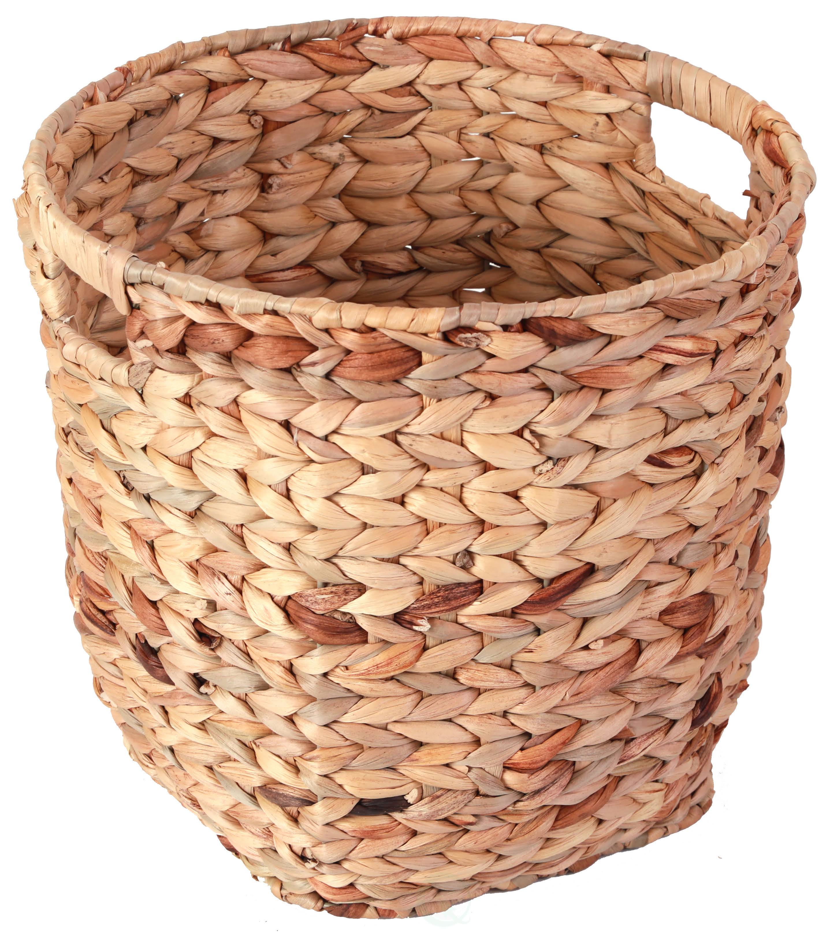 Vintiquewise Water Hyacinth Large Round Wicker Wastebasket with Cutout Handles, Brown