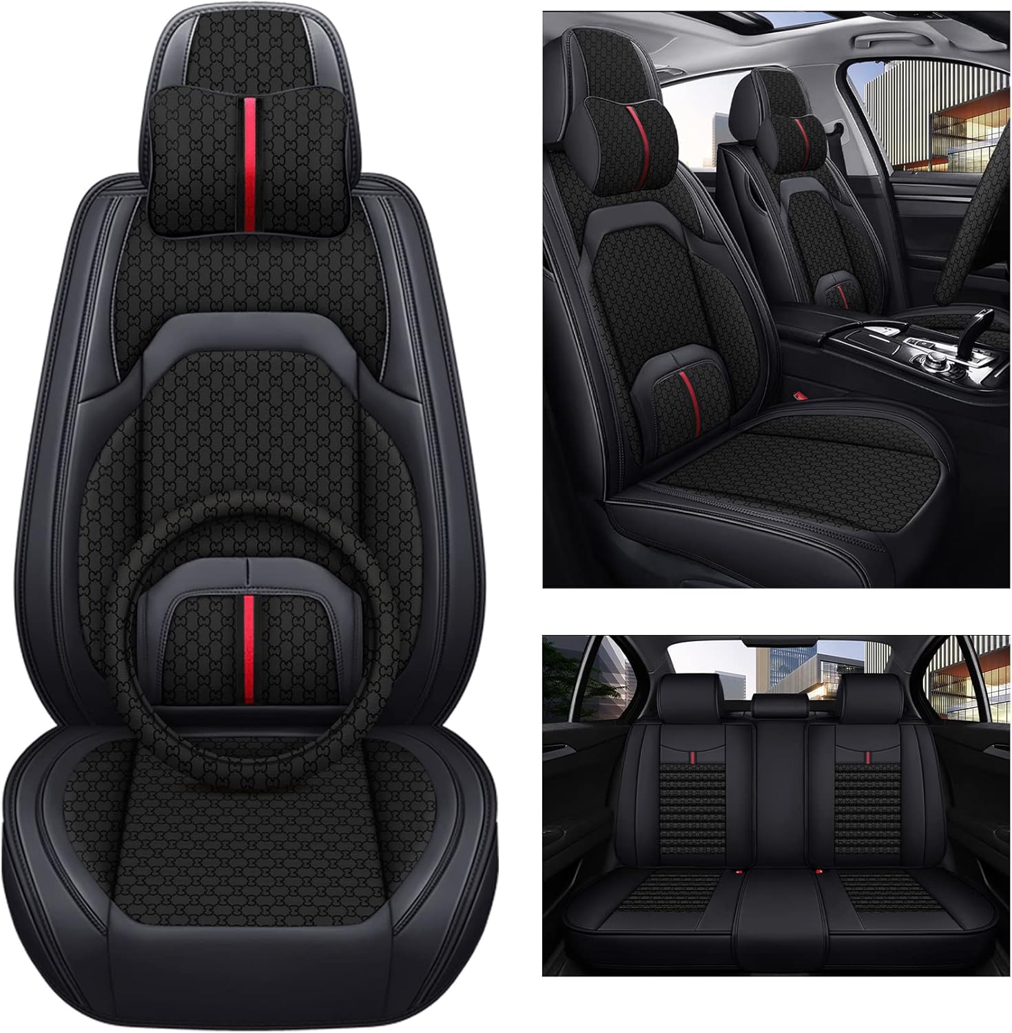 YUANJDS 3D Front and Back Car Seat Covers Full Set, Faux Leather and Fabric Auto Seat Protectors Set with Head Pillow and Steering Wheel Cover, Universal Fit for Most Sedans SUV Truck, Brown-Beige