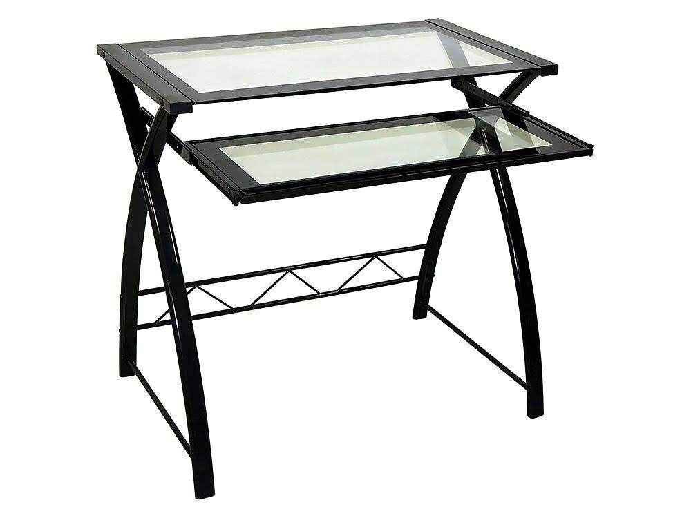 Home Glass Computer Desk for Small Spaces, Office Desk with Pull Out Keyboard Tray