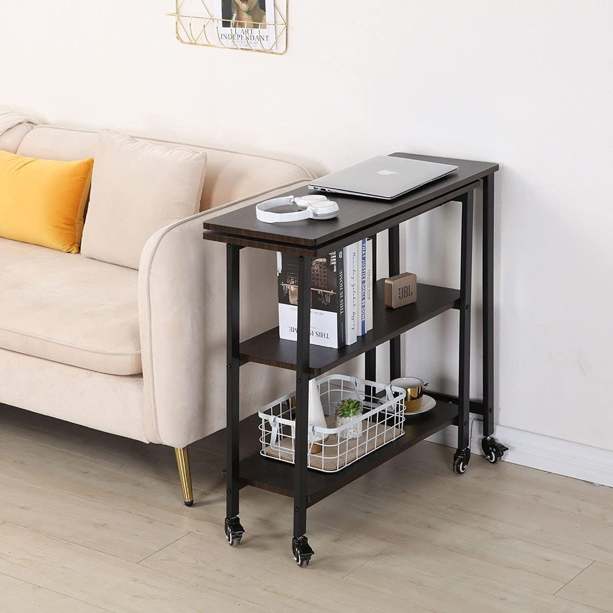 YOLENY 360&deg; Free Rotating Sofa Side Table, Movable Laptop Table 2-Tier Shelves & Wheels, Couch Space Saving Sofa Side Table for Office Home Living Room