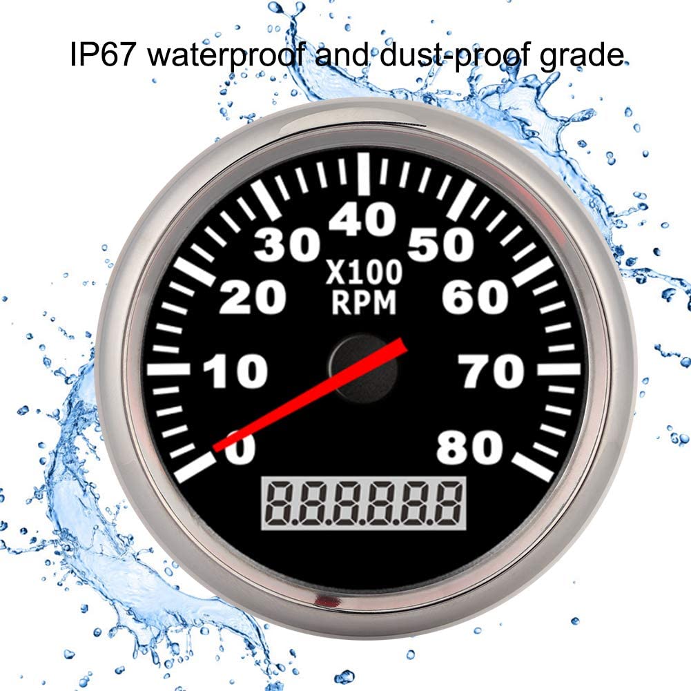 Tachometer Sensor Pointer Digital Boat Tachometer Gauge 85mm IP67 12V / 24V 8000RPM Red LED Backlight with LCD Display (Black Silver Frame)
