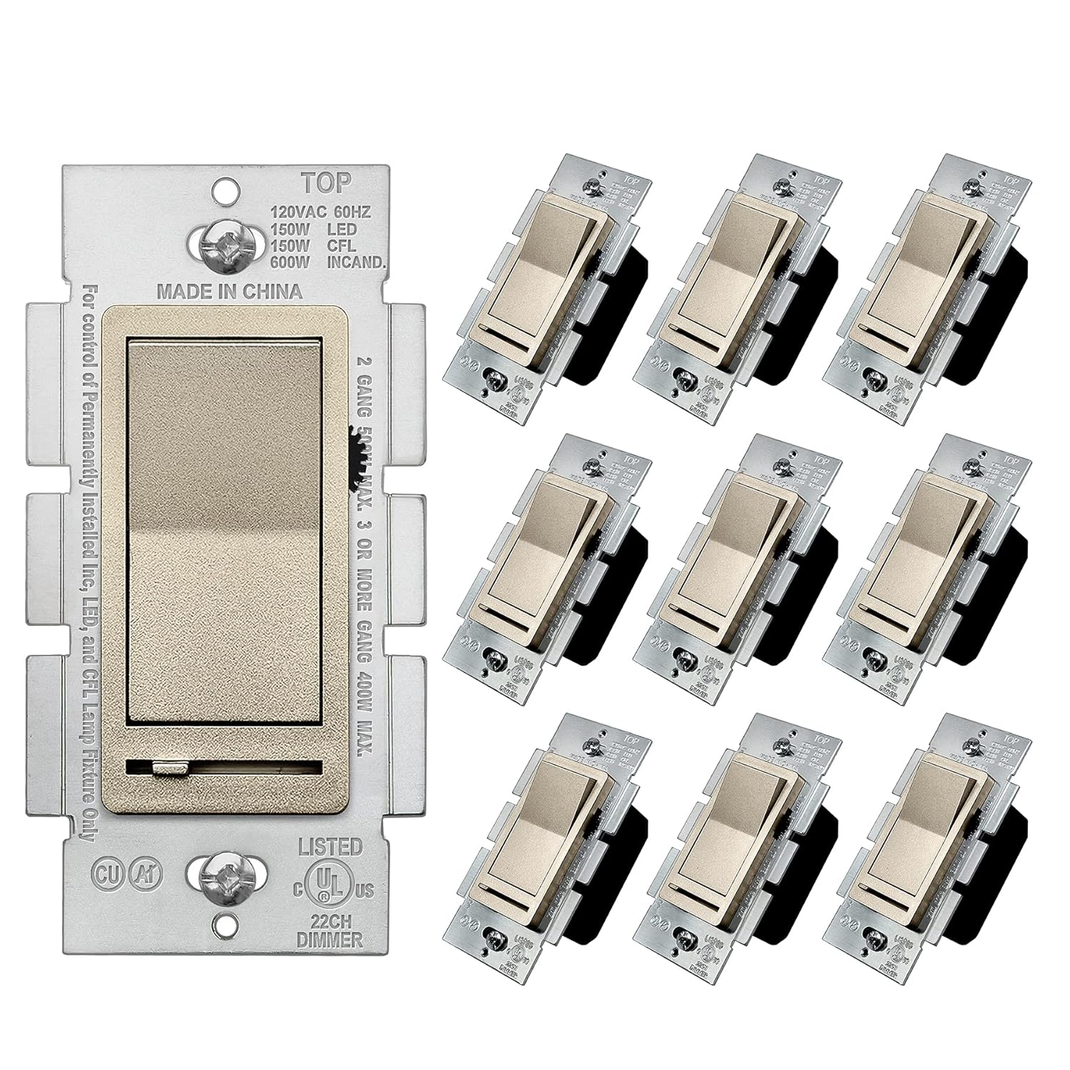 [10 Pack] BESTTEN Dimmer Wall Light Switch, Single Pole or 3-Way, Compatible with Dimmable LED, CFL, Incandescent and Halogen Bulb, 120VAC, UL Listed