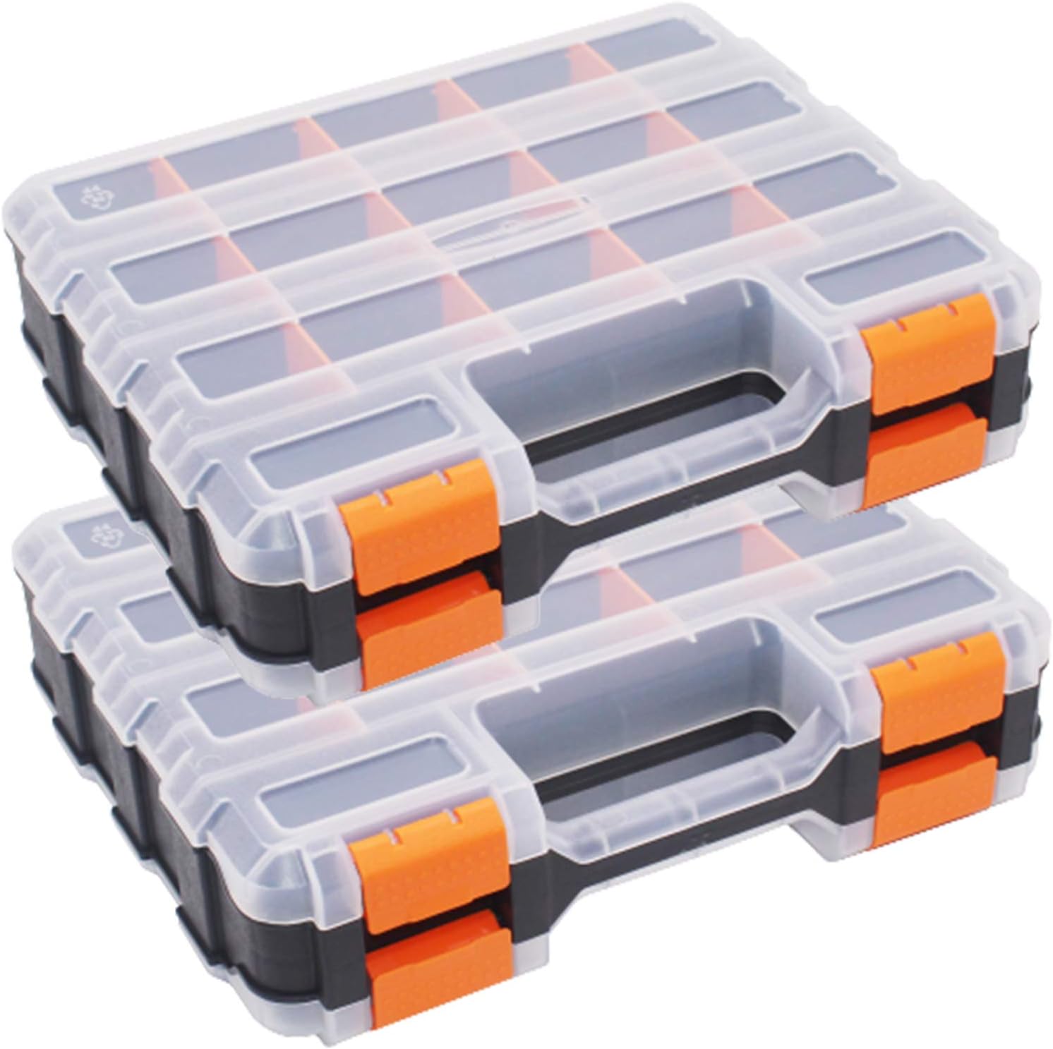 TEJAL 34-Compartment Double Sided Organizer with Impact Resistant Polymer, Hardware Box Storage, Customizable Removable Plastic Dividers, Black/Orange, Pack of 2, Best for Screws, Nuts & Small Parts Pack of 2