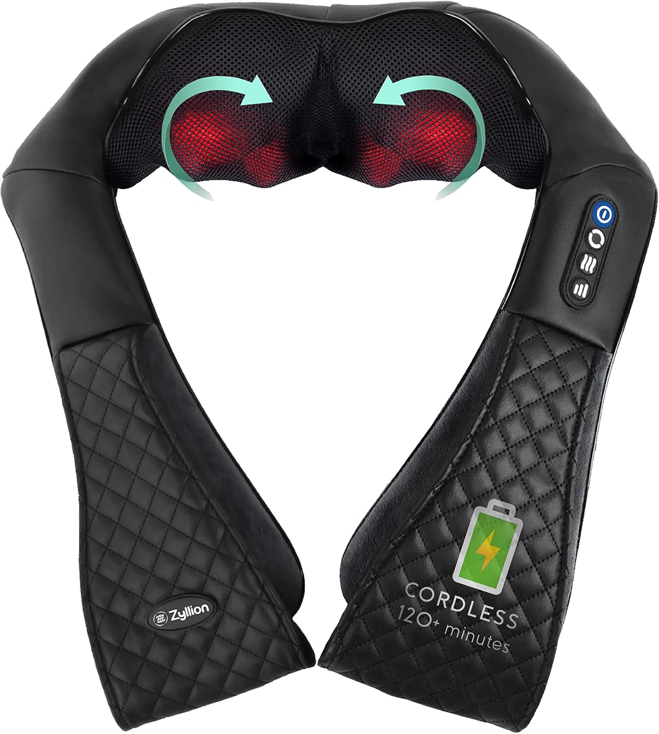 Zyllion Shiatsu Back and Neck Massager - Cordless Rechargeable 3D Kneading Deep Tissue Massage with Heat for Home, Office, Car, Athletes & Muscle Pain Relief - Black (ZMA-28RB-BK)