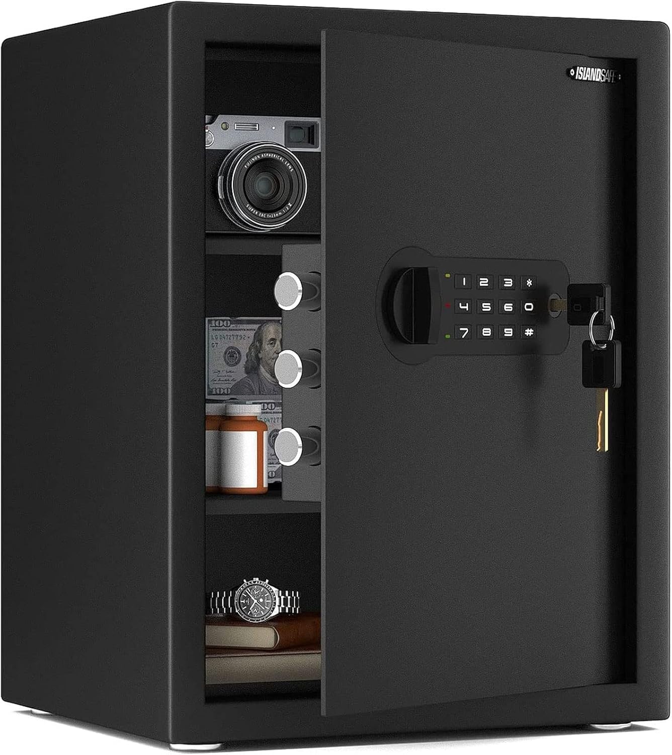ISLANDSAFE Security Fireproof and Waterproof Safe Cabinet Personal Box, 1.3 Cuft with Digital Keypad Lock and Keys Safe Box for Cash Money Home Office Hotel Business Jewelry,(1.3Cubic Feet Black)